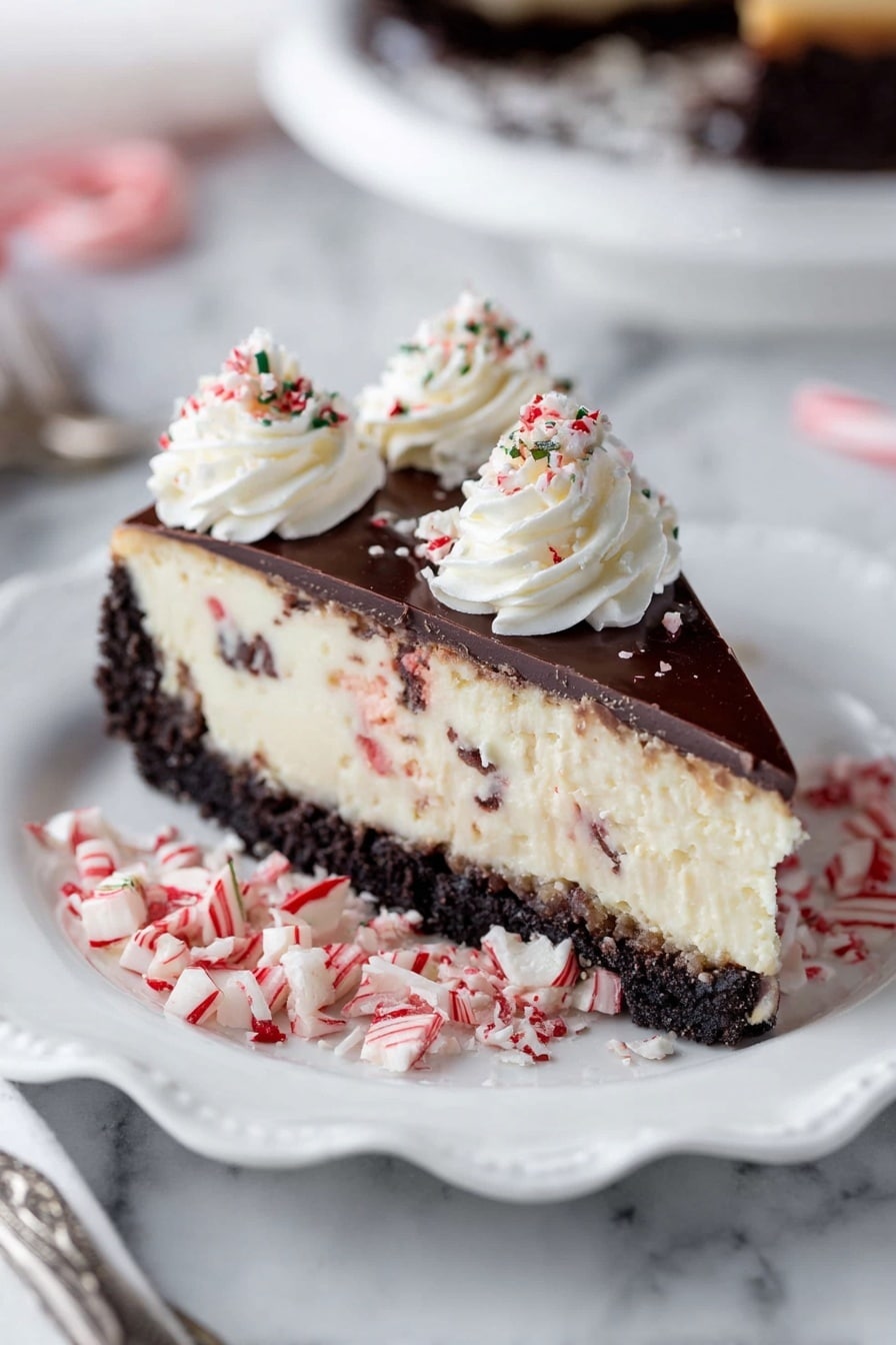 A slice of creamy cheesecake sits on a white plate with scalloped edges, showing three layers: a dark crumbly chocolate crust at the bottom, a thick creamy white filling with small red and dark specks in the middle, and a smooth shiny dark chocolate layer on top. On top of the chocolate layer, there are three swirls of white whipped cream sprinkled with tiny red and dark flakes. Around the plate, crushed pieces of red and white candy cane add extra color. The background is a white marbled surface, and a woman's hand is partially visible holding a fork near the bottom left corner. photo taken with an iphone --ar 2:3 --v 7 - Peppermint Bark Cheesecake, peppermint bark cheesecake, holiday peppermint cheesecake, festive peppermint dessert, creamy peppermint cheesecake