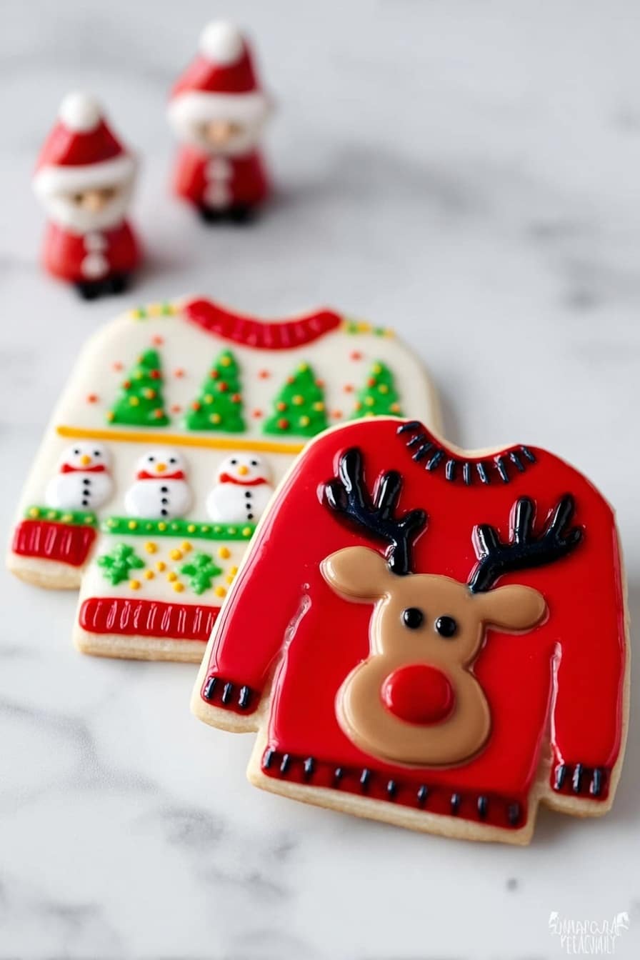 The image shows two decorated sweater-shaped cookies placed side by side on a white marbled surface. The cookie in the foreground is a bright red sweater with a reindeer's face in the center, featuring brown, black, and red icing for the antlers, eyes, ears, nose, and mouth. Behind it, the second cookie is a white sweater decorated with a festive pattern of green Christmas trees, red and yellow bands, and small snowmen in white icing with black and orange details. In the background, slightly out of focus, there are small Santa Claus figurines adding a festive touch. photo taken with an iphone --ar 2:3 --v 7 - Ugly Christmas Sweater Cookies, Christmas cookie decorating ideas, holiday baking recipes, festive holiday cookies, simple Christmas cookies