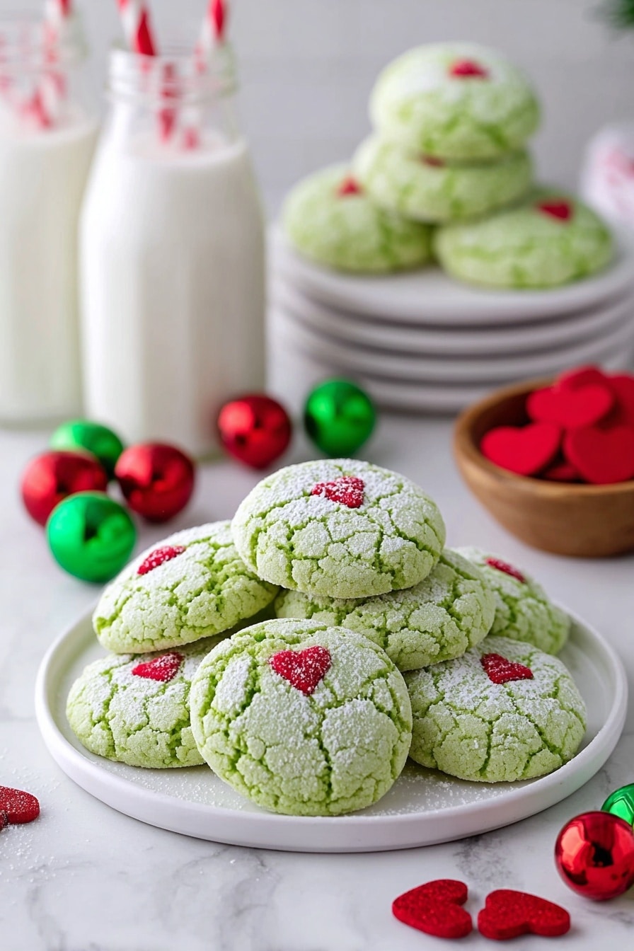 A white plate filled with about fifteen green cookies, each with a cracked texture and dusted lightly with white powdered sugar; every cookie is decorated with a small red heart shape placed off-center on top. Behind this plate, there is a stack of two white plates, each holding three similar green cookies with red heart decorations. The scene includes two glass bottles of milk with red and white striped straws and a white marbled surface decorated with scattered red and green shiny Christmas ball ornaments and a wooden bowl containing more small red heart shapes. Photo taken with an iphone --ar 2:3 --v 7 - Grinch Cookies with Peppermint and Green Food Coloring, festive holiday cookies, Christmas cookie ideas, peppermint cookies recipe, easy holiday treats