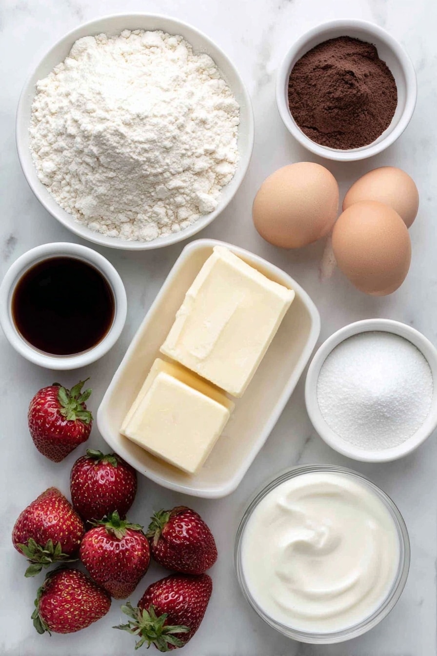 Flat lay of a small mound of fine all-purpose flour in a neat pile, a small heap of smooth unsweetened cocoa powder, two whole brown eggs with clean shells, a few tablespoons of soft creamy butter shaped into a small square chunk, white granulated sugar in a small neat pile, pure vanilla extract poured into a small white ceramic bowl, pure white icing sugar heaped lightly in a separate small white bowl, a few tablespoons of fresh milk or heavy cream in a small white bowl, and ripe whole strawberries with green leafy tops, all arranged symmetrically and balanced in proportions on a clean white marble surface, soft natural light, photo taken with an iPhone, professional food photography style, fresh ingredients, white ceramic bowls, no bottles, no duplicates, no utensils, no packaging --ar 2:3 --v 7 --p m7354615311229779997 - Strawberry Santa Hat Cupcakes, festive Christmas cupcakes, holiday strawberry cupcakes, cute Santa hat desserts, easy holiday cupcake recipes
