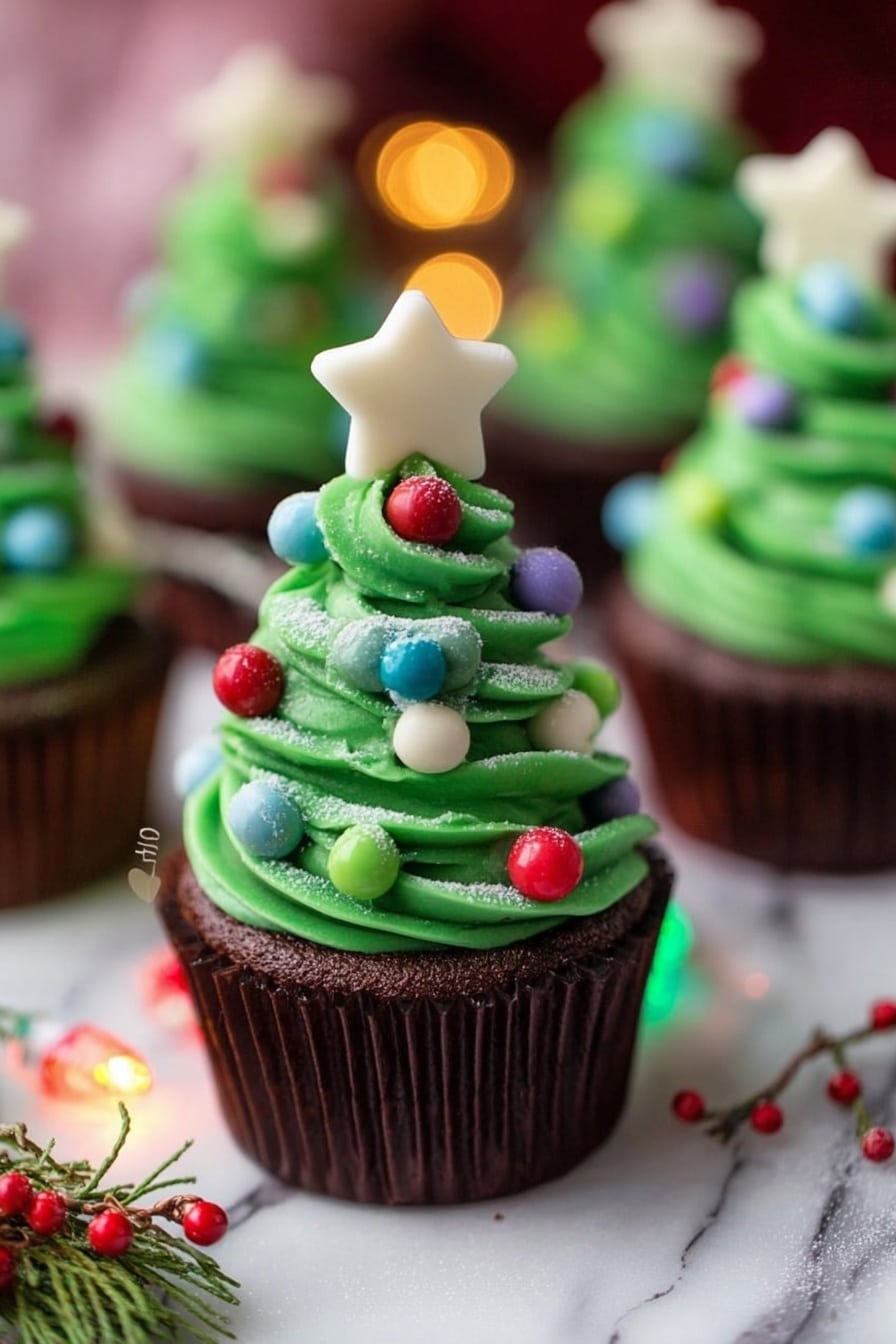 A chocolate cupcake in a dark brown wrapper sits on a white marbled surface, topped with three thick, wavy layers of bright green frosting shaped like a Christmas tree. The frosting is decorated with small, round candy balls in red, blue, green, white, and purple colors, spaced evenly around the layers. A dusting of powdered sugar mimics snow on the green frosting. At the very top is a large, smooth white star-shaped candy standing upright. Around the cupcake are scattered small colorful candy balls and festive garden greenery with red berries. In the background, several similar cupcakes are blurred out. Small colorful lights add a glowing effect near the base of the cupcake. Photo taken with an iphone --ar 2:3 --v 7 - Christmas Tree Cupcakes with Chocolate and Vanilla Frosting, festive cupcake ideas, holiday baking treats, Christmas cupcakes recipe, easy holiday desserts