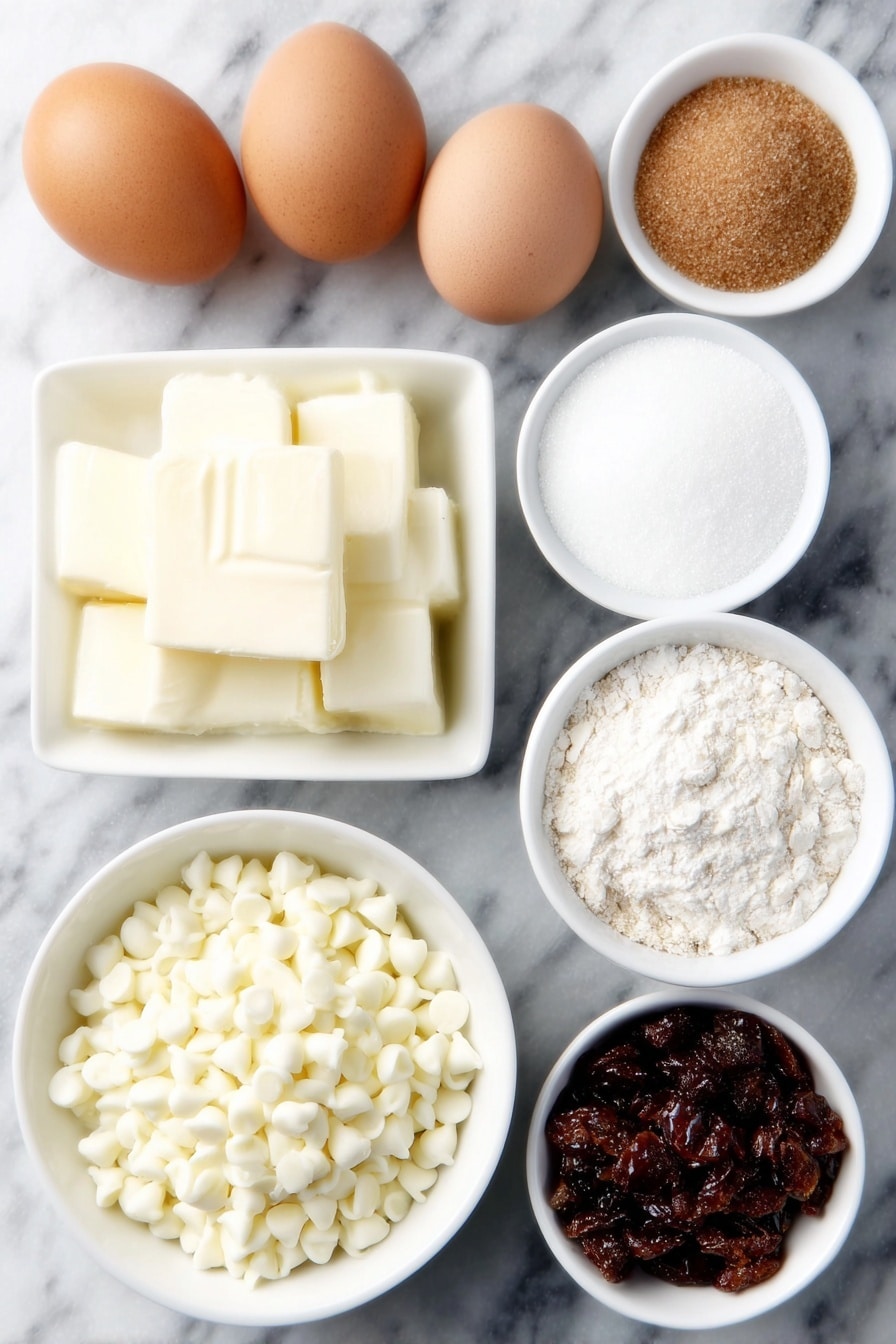 Flat lay of a small pile of cold butter cubes, two whole brown eggs with clean shells, a small white ceramic bowl of light brown soft packed brown sugar, a small white ceramic bowl of white granulated sugar, a small white ceramic bowl of clear vanilla extract, a small white ceramic bowl of all-purpose flour, a small white ceramic bowl filled with old fashioned rolled oats, a small white ceramic bowl of baking soda powder, a small white ceramic bowl of fine cornstarch, a small white ceramic bowl of white salt crystals, a small white ceramic bowl heaped with bright red sweetened dried cranberries, a small white ceramic bowl filled with white chocolate chips, all arranged symmetrically and evenly spaced on a clean white marble surface, soft natural light, photo taken with an iPhone, professional food photography style, fresh ingredients, white ceramic bowls, no bottles, no duplicates, no utensils, no packaging --ar 2:3 --v 7 --p m7354615311229779997 - Oatmeal Cranberry White Chocolate Cookies, cranberry oatmeal cookies, white chocolate oatmeal cookies, chewy oatmeal cookies, holiday cookie recipes