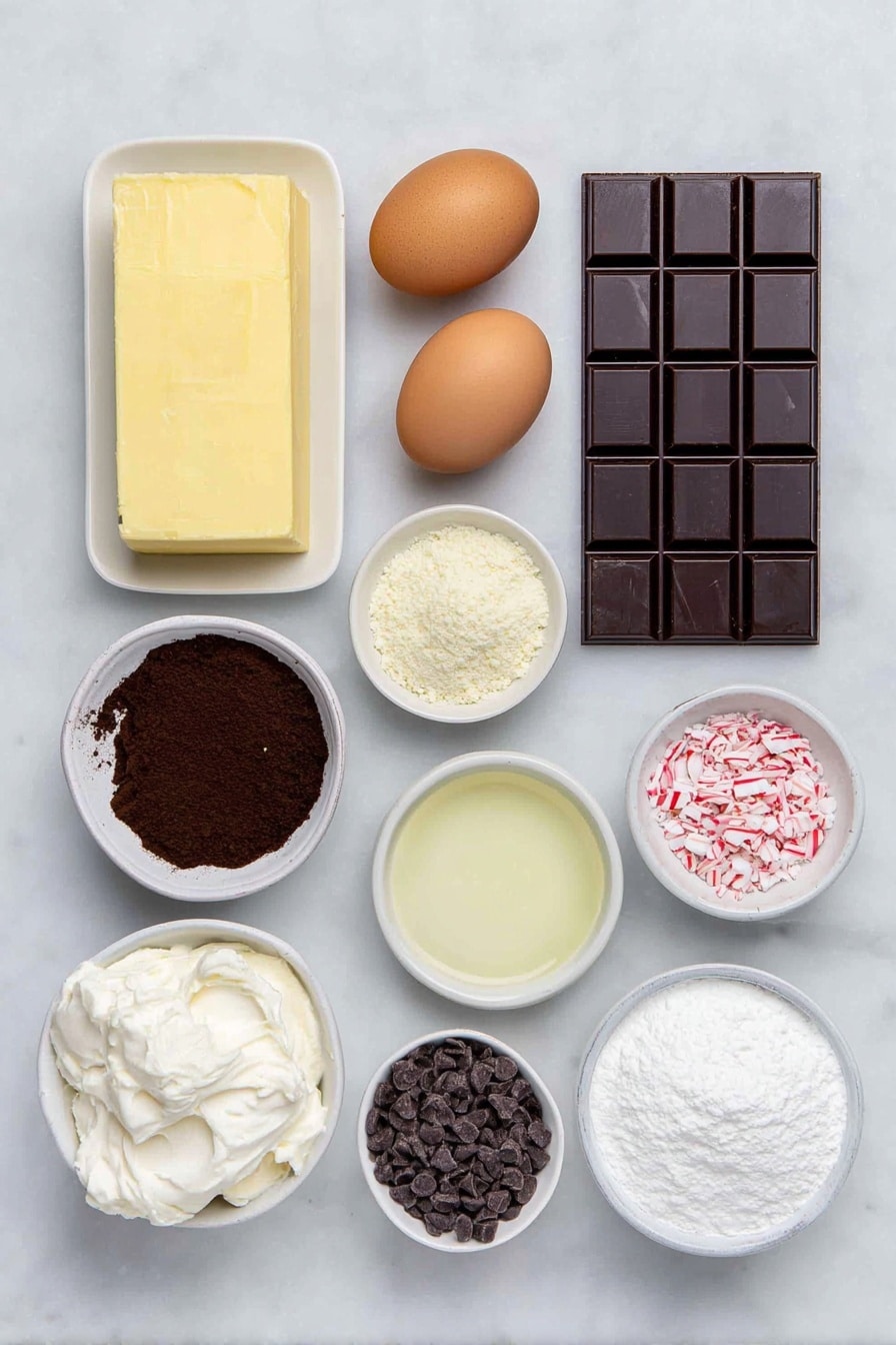 Flat lay of a small bar of rich bittersweet chocolate, a few cubes of pale yellow butter, a small mound of white granulated sugar, two brown eggs with clean shells, a small white bowl of clear peppermint extract, a small white bowl of light vanilla extract, a small heap of pale all-purpose flour, a small white bowl of dark cocoa powder, a small pinch of white salt crystals, a square block of creamy white cream cheese, a few slices of softened pale butter, a small white bowl filled with fine powdered sugar, a small white bowl of thick heavy whipping cream, a small handful of glossy bittersweet chocolate chips, and a small pile of crushed candy cane pieces—all arranged symmetrically, placed on a clean white marble surface, soft natural light, photo taken with an iPhone, professional food photography style, fresh ingredients, white ceramic bowls, no bottles, no duplicates, no utensils, no packaging --ar 2:3 --v 7 --p m7354615311229779997 - Peppermint Brownies with Chocolate Frosting, peppermint brownies, chocolate peppermint dessert, festive brownies, easy peppermint brownie recipe