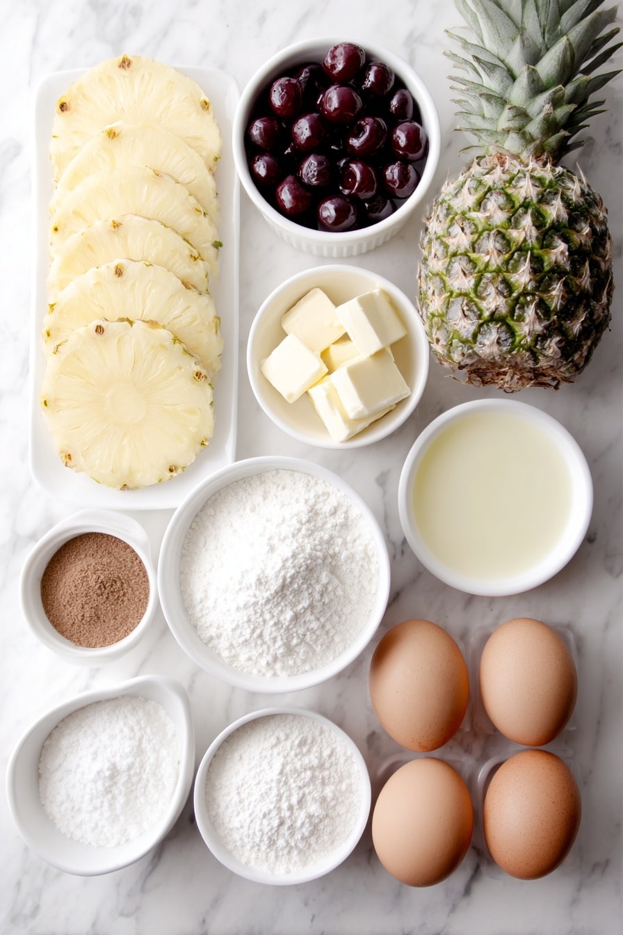 Flat lay of fresh pineapple slices arranged neatly, a handful of glossy bright red maraschino cherries, a small white ceramic bowl of golden melted butter, a small white bowl filled with rich brown sugar, a neat mound of fine all-purpose flour, a small white bowl holding creamy full-fat sour cream, a small white bowl with smooth pale yellow butter softened, two large whole brown eggs with clean shells, a small white bowl containing clear pale yellow pineapple juice, a small white bowl of fine white sugar, a small white bowl with milk, a tiny heap of fine baking powder, a pinch of baking soda, and a pinch of salt, all ingredients symmetrically arranged on a clean white marble surface, soft natural light, photo taken with an iPhone, professional food photography style, fresh ingredients, white ceramic bowls, no bottles, no duplicates, no utensils, no packaging --ar 2:3 --v 7 --p m7354615311229779997 - Pineapple Upside Down Cake, best pineapple upside down cake, easy pineapple upside down cake recipe, moist pineapple upside down cake, classic pineapple upside down cake