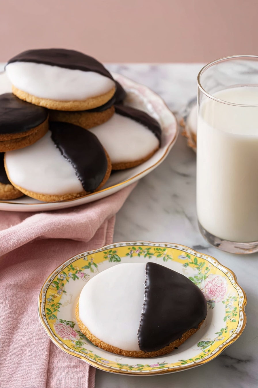 The image shows round cookies with two layers of icing on top: one half is smooth, shiny black and the other half is smooth, white. The cookies have a golden-brown base visible along the edges, and the icing covers the entire top surface in a clean split. The cookies are placed on a white plate with a yellow and green floral pattern, and several are on a white plate with a gold rim and floral design. The setting includes a soft pink cloth beneath the plates, a white marbled surface as background, and a tall glass of creamy white milk on the right side. The lighting is soft, enhancing the contrast between the white and black layers of icing. photo taken with an iphone --ar 2:3 --v 7 - Black and White Cookies with Vanilla and Chocolate Icing, classic bakery treats, homemade black and white cookies, vanilla and chocolate cookie recipe, nostalgic New York cookies