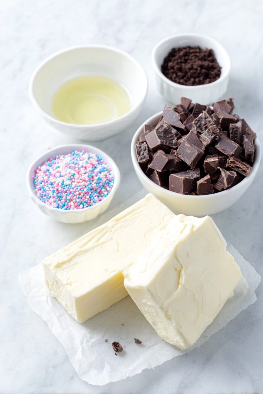 Flat lay of whole unbroken Oreo cookies arranged neatly, a block of fresh full-fat cream cheese with a smooth surface, coarsely chopped semi-sweet chocolate pieces in a small white ceramic bowl, a small white bowl with clear vegetable oil, a small white bowl filled with colorful round sprinkles, and a small white bowl holding fine Oreo crumbs, all placed on a clean white marble surface, soft natural light, photo taken with an iPhone, professional food photography style, fresh ingredients, white ceramic bowls, no bottles, no duplicates, no utensils, no packaging --ar 2:3 --v 7 --p m7354615311229779997 - Easy Oreo Truffles, Oreo Truffles dessert, no-bake Oreo treats, chocolate Oreo bites, quick Oreo truffles