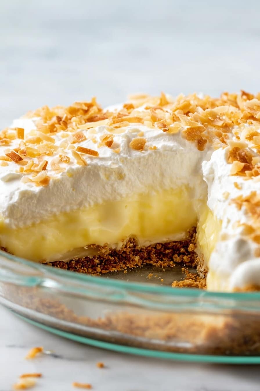 The image shows a close-up side view of a pie in a clear glass dish on a white marbled surface. The pie has three layers: the bottom layer is a brown, crunchy crumb crust; the middle layer is thick, smooth, pale yellow filling; the top layer is a thick, fluffy white whipped cream spread evenly over the filling. The whipped cream is sprinkled with small pieces of toasted coconut, adding a light brown crunchy texture on top. The photo is bright and clear, focusing on the pie's layers and textures. Photo taken with an iphone --ar 2:3 --v 7 - Coconut Cream Pie, homemade coconut cream pie, classic coconut pie, coconut custard pie, coconut dessert recipe