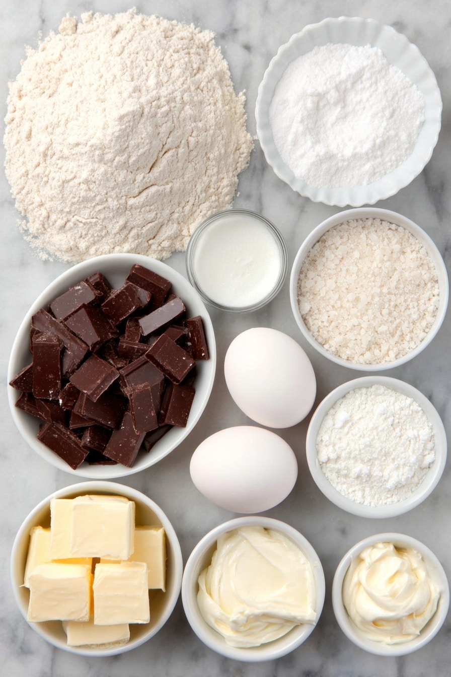 Flat lay of a small mound of all-purpose flour, a small white bowl of powdered sugar, a few coarse kosher salt crystals scattered delicately, diced cold unsalted butter pieces, one large whole uncracked egg, a small white bowl of granulated sugar, a small white bowl of cornstarch, two large whole uncracked egg yolks placed side by side in a small white bowl, a small white bowl of whole milk, a neat pile of chopped dark chocolate chunks, a few pieces of unsalted butter, a small white bowl with clear vanilla extract, a small dollop of softened cream cheese, a small white bowl with an additional portion of granulated sugar, a small white bowl with a little vanilla extract, and a small white bowl of heavy cream — all arranged symmetrically on a clean white marble surface, soft natural light, photo taken with an iPhone, professional food photography style, fresh ingredients, white ceramic bowls, no bottles, no duplicates, no utensils, no packaging --ar 2:3 --v 7 --p m7354615311229779997 - Decadent Chocolate Cream Pie, Chocolate Pie Recipe, Rich Chocolate Dessert, Easy Chocolate Pie, Homemade Chocolate Pie