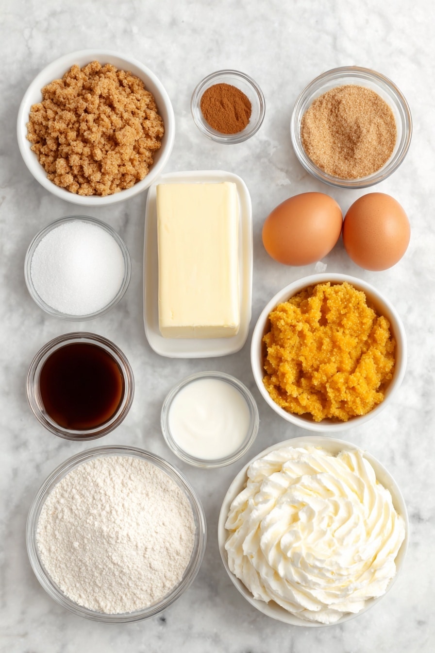 Flat lay of a small mound of golden graham cracker crumbs, a few uneven chunks of creamy unsalted butter, a small white bowl filled with granulated sugar, a teaspoon of ground cinnamon neatly sprinkled on a white dish, a block of smooth cream cheese, a pile of packed light brown sugar, a dollop of bright orange pumpkin puree on a white ceramic plate, four large whole brown eggs with clean shells, a small white bowl holding sour cream, a small heap of all-purpose flour, a small dish with a mix of pumpkin pie spice, a pinch of fine salt on a white plate, a small white bowl of clear vanilla extract, a small white bowl filled with rich golden butterscotch sauce, and a cloud-like swirl of fresh whipped cream—all ingredients arranged symmetrically with balanced spacing, placed on a clean white marble surface, soft natural light, photo taken with an iPhone, professional food photography style, fresh ingredients, white ceramic bowls, no bottles, no duplicates, no utensils, no packaging --ar 2:3 --v 7 --p m7354615311229779997 - Delicious Pumpkin Cheesecake, pumpkin cheesecake dessert, fall cheesecake recipe, creamy pumpkin cheesecake, easy pumpkin cheesecake