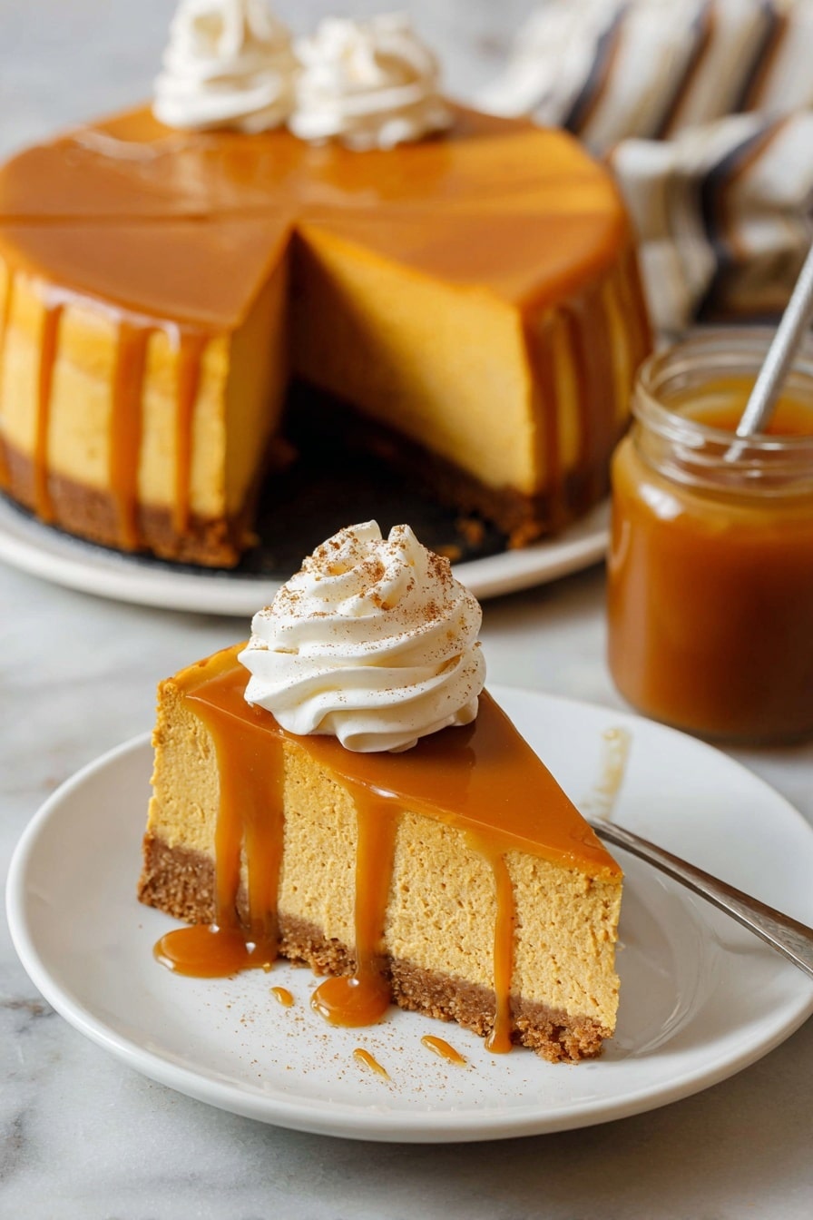 A slice of pumpkin pie with three visible layers is on a white plate placed on a white marbled surface; the bottom layer is a brown crust, the middle layer is a thick, smooth orange pumpkin filling, and the top layer is a glossy caramel sauce dripping down the sides; on top, there is a large swirl of white whipped cream sprinkled with light brown spice; a silver fork rests on the plate's edge and a jar with caramel sauce and a spoon in it is blurred in the background; photo taken with an iphone --ar 2:3 --v 7 - Delicious Pumpkin Cheesecake, pumpkin cheesecake dessert, fall cheesecake recipe, creamy pumpkin cheesecake, easy pumpkin cheesecake