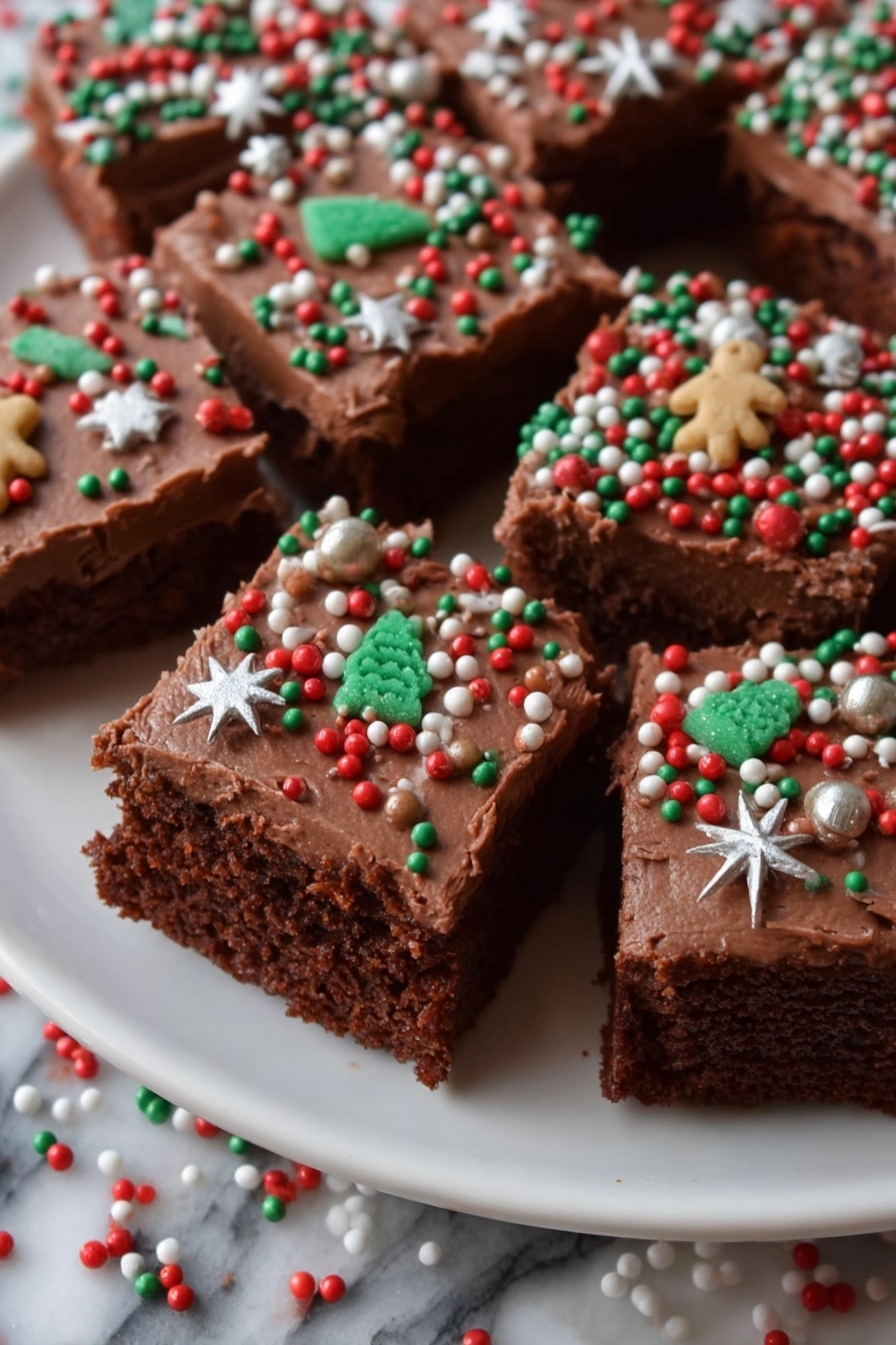 Several square pieces of chocolate brownies with a thick layer of chocolate frosting on top are placed on a white plate. The frosting is covered with colorful Christmas-themed sprinkles, including red, green, white, and brown shapes like stars and gingerbread men. Some sprinkles have fallen onto the plate. Near the plate, there is a small white bowl filled with more of the same sprinkles. A cute reindeer decoration with wooden antlers and a brown nose sits beside the bowl on a white marbled surface. A knitted mitten with red, green, and white patterns and buttons is also visible under the plate. photo taken with an iphone --ar 2:3 --v 7 - Chocolate Frosted Christmas Brownies, Christmas brownies, holiday brownies recipe, fudgy Christmas brownies, festive chocolate brownies