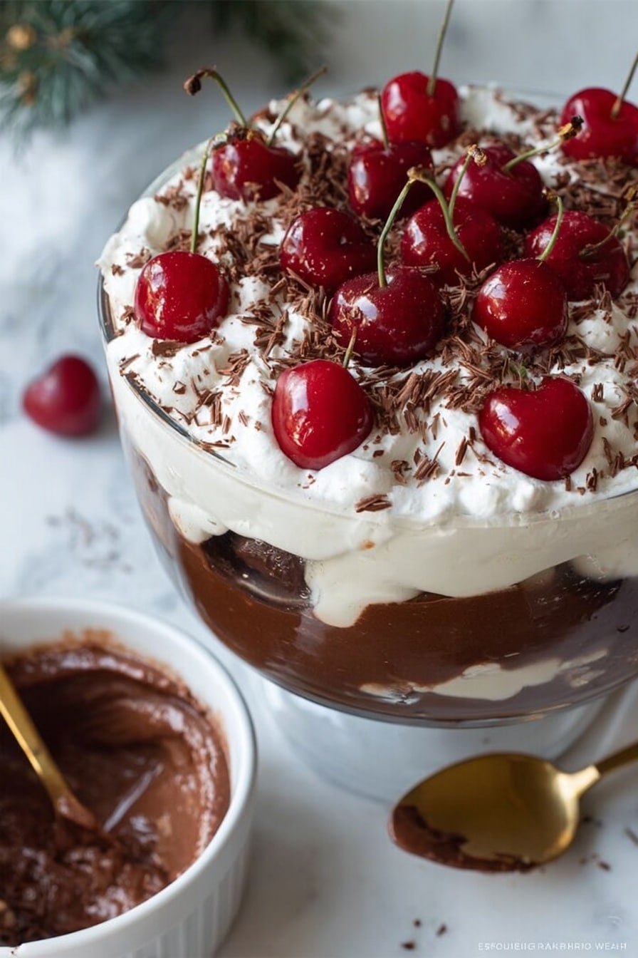 The dessert is shown in a clear glass bowl with a tall stem, placed on a white marbled surface. At the bottom, there is a thick layer of round chocolate rolls, dark brown and soft-looking. Above that, there is a smooth light brown chocolate layer. The middle layer is white and creamy, topped by a dark red cherry jam layer with visible cherry pieces. A thick, dark chocolate layer sits above the jam, and the top layer is a generous amount of white whipped cream decorated with whole bright red cherries and lightly sprinkled with chocolate shavings. The background is soft and out of focus with a hint of green foliage. Photo taken with an iphone --ar 2:3 --v 7 - Chocolate Cherry Trifle with Kirsch, chocolate cherry dessert, cherry trifle recipe, boozy cherry dessert, layered chocolate cherry treat