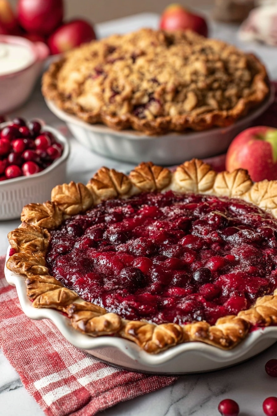 A close-up view shows a deep red fruit pie with a thick, textured filling that is shiny and full of small fruit pieces. The pie crust is golden brown and flaky, with decorative leaf shapes pressed into the edge, which rests on the rim of a white pie dish. The background shows some loose red fruits scattered on a white marbled surface, with a stack of patterned white plates and silver forks in soft focus behind the pie. The overall scene is bright and inviting. photo taken with an iphone --ar 2:3 --v 7 - Cranberry Orange Pie, Cranberry Orange Pie Recipe, Festive Pie Recipes, Holiday Fruit Pie, Tart and Sweet Pie