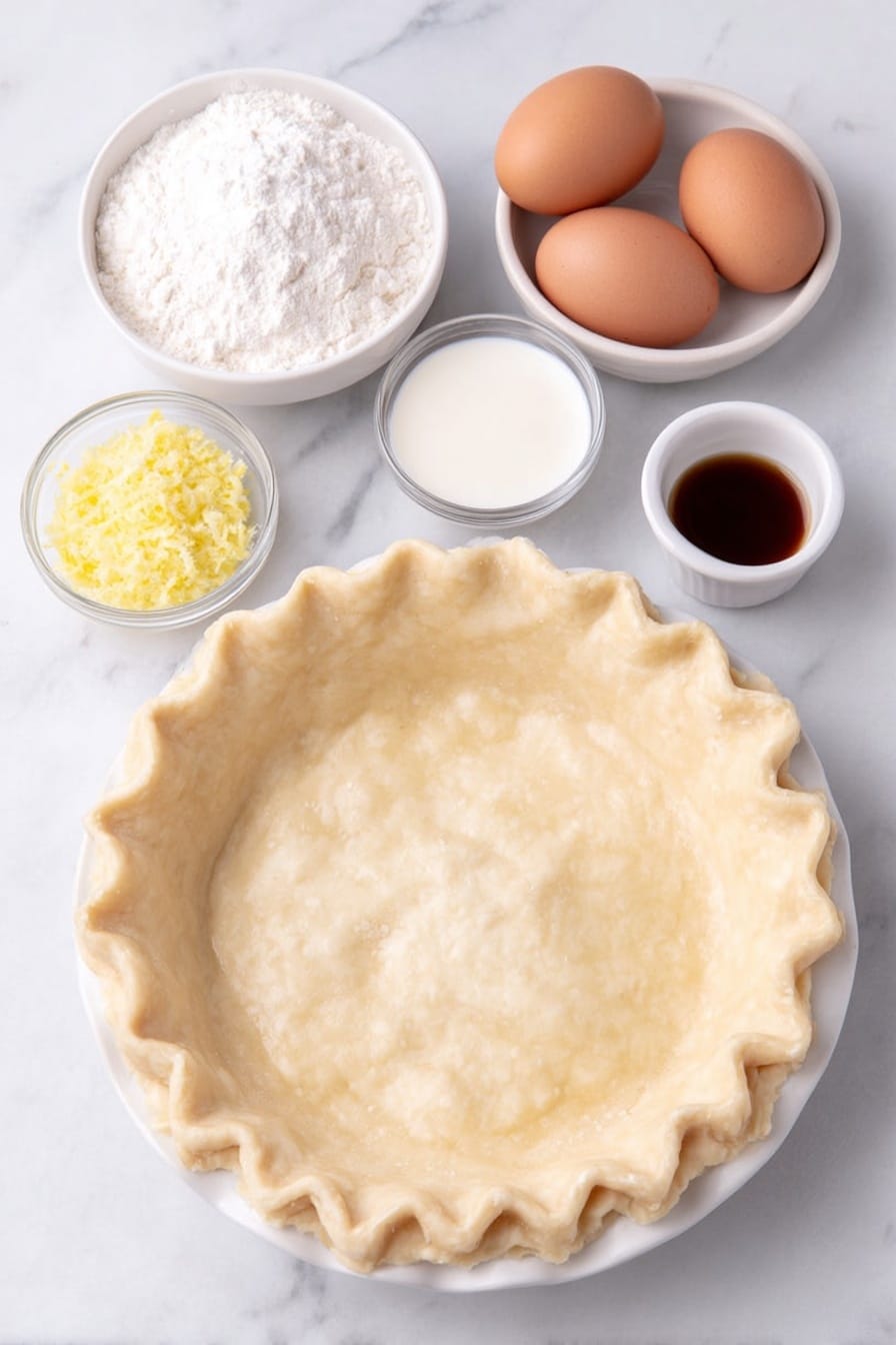 Flat lay of a pristine unbaked 9-inch pie crust on a simple white ceramic plate, three whole large brown eggs with clean shells, a small white bowl of granulated sugar, a small white bowl of all-purpose flour, a small white bowl containing melted golden butter, a small white bowl filled with fresh buttermilk, a small white bowl of clear lemon juice, a small heap of bright yellow lemon zest, a small white bowl of vanilla extract, and a tiny pinch of kosher salt arranged symmetrically in a balanced composition, all ingredients fresh and natural, placed on a clean white marble surface, soft natural light, photo taken with an iPhone, professional food photography style, fresh ingredients, white ceramic bowls, no bottles, no duplicates, no utensils, no packaging --ar 2:3 --v 7 --p m7354615311229779997 - Buttermilk Pie, Southern dessert, custard pie, easy pie recipe, classic pie