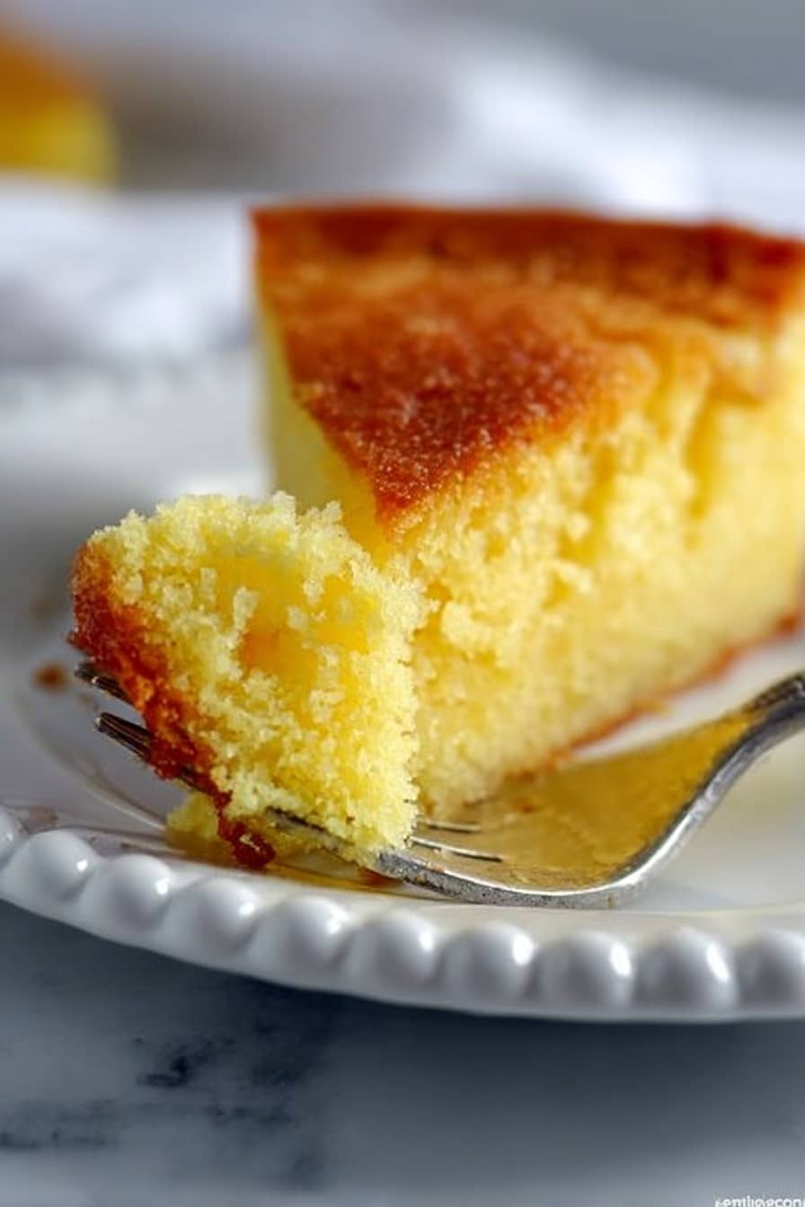 A close-up image shows a piece of yellow cake with a golden brown crust on top and the sides, held by a silver fork. The cake looks soft and moist inside, with a slightly crumbly texture. The fork is resting on a white plate with a beaded edge, which sits on a white marbled surface. The background is softly blurred, focusing on the cake piece. Photo taken with an iphone --ar 2:3 --v 7 - Buttermilk Pie, Southern dessert, custard pie, easy pie recipe, classic pie