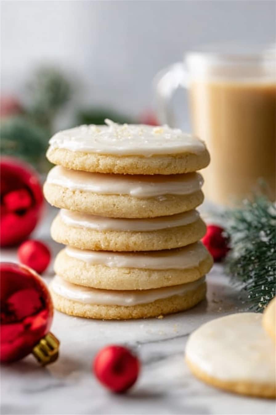 The image shows a stack of five round cookies with a smooth, pale golden texture, placed on a white marbled surface. Each cookie has a slightly darker edge and a flat top, with the top cookie featuring a light frosting layer covering its surface. Around the stack, there are small red Christmas ornaments and green pine leaves blurred in the background, adding a festive touch. A blurred glass with a light brown drink is visible behind the cookies. The focus is on the stack, with soft, natural light enhancing the warm colors. Photo taken with an iphone --ar 2:3 --v 7 - Eggnog Cookies with Frosting, holiday eggnog cookies, easy eggnog cookie recipe, cozy holiday cookies, festive eggnog dessert