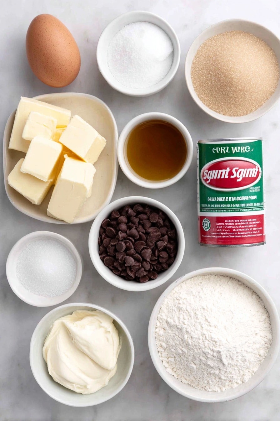 Flat lay of a few small cubes of unsalted butter, two small white ceramic bowls—one filled with granulated sugar and another with packed light brown sugar, a single large uncracked brown egg, a small white bowl of golden vanilla extract, a small white bowl with fine table salt, a simple mound of all-purpose flour, two unopened cans of sweetened condensed milk, a small white bowl holding light corn syrup, a small heap of semisweet chocolate chips, a small white bowl of heavy cream, and delicate flaky sea salt crystals scattered around, all placed in perfect symmetry on a clean white ceramic plate and bowls, placed on a clean white marble surface, soft natural light, photo taken with an iPhone, professional food photography style, fresh ingredients, white ceramic bowls, no bottles, no duplicates, no utensils, no packaging --ar 2:3 --v 7 --p m7354615311229779997 - Rich Millionaire's Shortbread with Caramel, millionaire's shortbread recipe, homemade caramel shortbread, layered dessert with caramel and chocolate, buttery shortbread bars