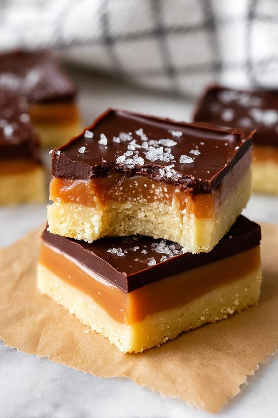 The image shows two stacked dessert squares with three clear layers: the bottom layer is light yellow and crumbly like shortbread, the middle layer is a smooth caramel in a golden brown color, and the top layer is a thick dark chocolate with a shiny, smooth texture sprinkled with flaky white sea salt. The top square has a bite taken out of it, showing the soft inside of each layer. The treats are placed on a piece of parchment paper on a white marbled surface, with a white and black checkered cloth blurred in the background. photo taken with an iphone --ar 2:3 --v 7 - Rich Millionaire's Shortbread with Caramel, millionaire's shortbread recipe, homemade caramel shortbread, layered dessert with caramel and chocolate, buttery shortbread bars