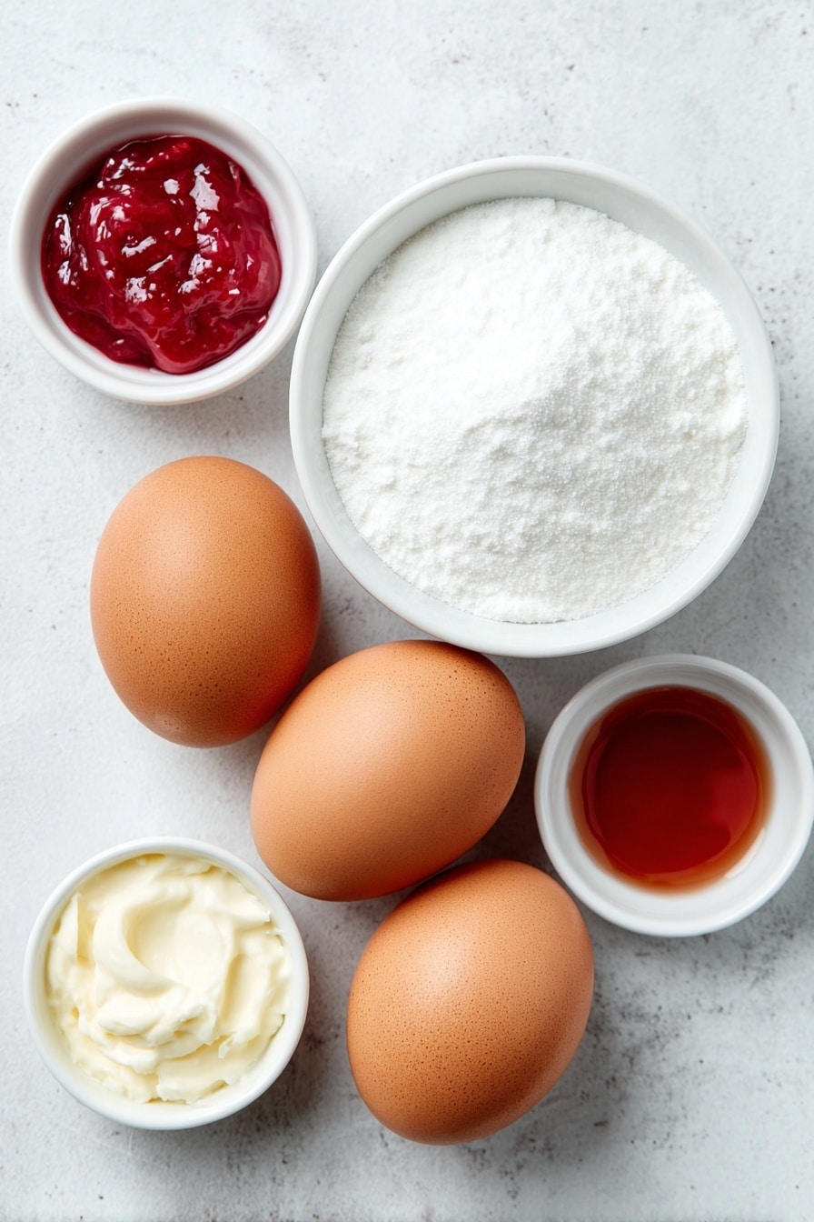 Flat lay of three whole large brown eggs with clean shells, a small white ceramic bowl filled with fine white sugar, a small white ceramic bowl holding clear peppermint concentrate liquid, and a tiny white ceramic dish containing bright red gel-paste food coloring, all arranged symmetrically and naturally on a clean white marble surface, soft natural light, photo taken with an iPhone, professional food photography style, fresh ingredients, white ceramic bowls, no bottles, no duplicates, no utensils, no packaging --ar 2:3 --v 7 --p m7354615311229779997 - Peppermint Meringue Cookies, holiday meringue cookies, peppermint holiday treats, festive meringue recipes, easy peppermint cookies