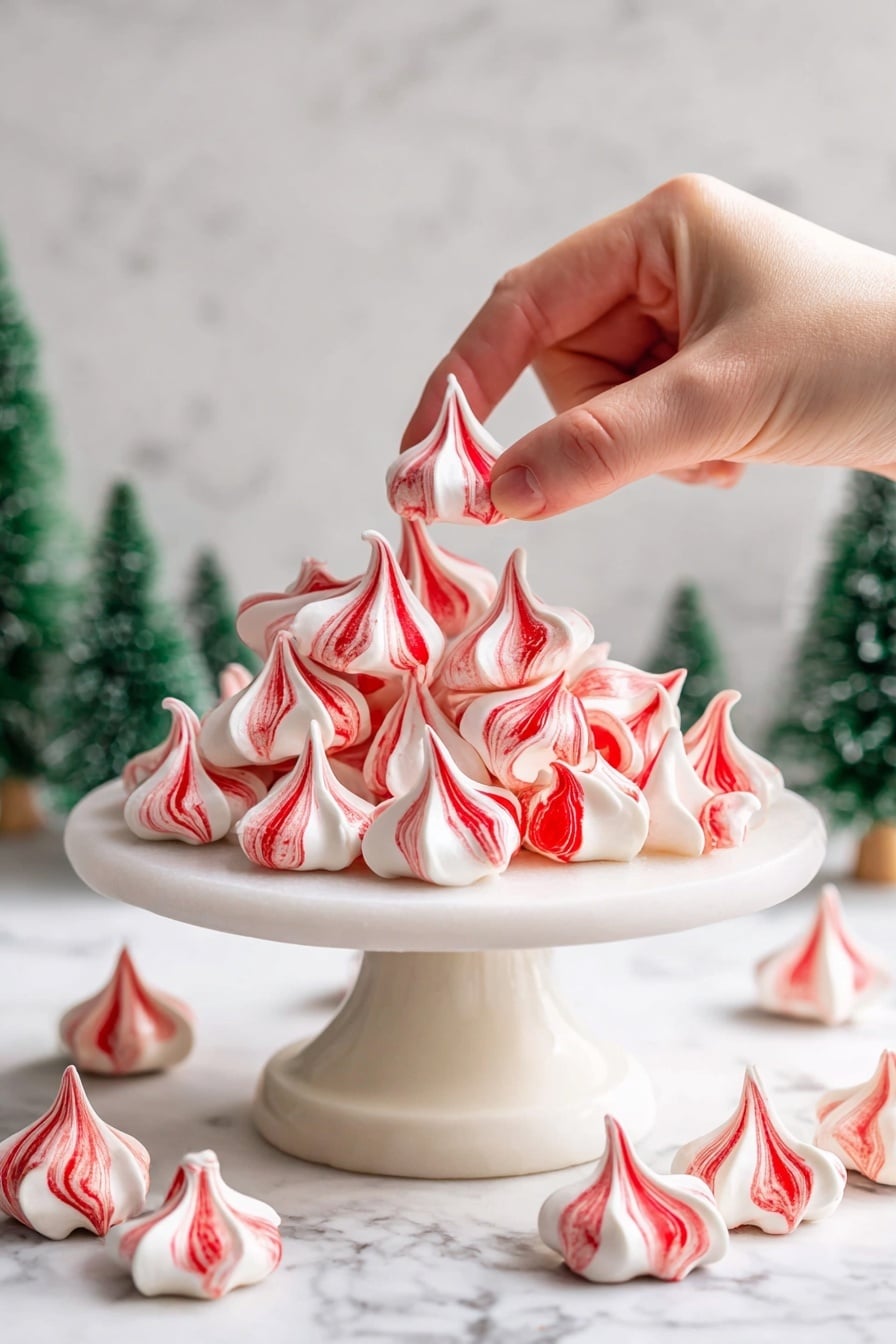 A white scalloped bowl filled with many small meringue kisses, each with swirled red and white coloring in sharp peaks, almost like little stars, stacked closely together. The meringues have a smooth, glossy texture with a soft curl at their tips. Around the bowl on a white marbled surface, several loose meringue kisses lie scattered, showing their bright red and white swirl pattern more clearly. The scene is brightly lit, emphasizing the shiny, crisp texture of the meringues. Photo taken with an iphone --ar 2:3 --v 7 - Peppermint Meringue Cookies, holiday meringue cookies, peppermint holiday treats, festive meringue recipes, easy peppermint cookies