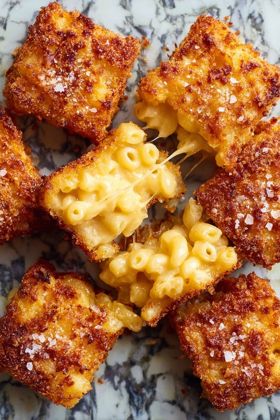 The image shows several crispy, golden brown squares with a crunchy texture and sprinkled with coarse salt on top. One square is broken in the middle, revealing creamy, soft macaroni and cheese inside with stretchy melted cheese. The background is a white marbled surface with a pattern and the squares are arranged in a close group. photo taken with an iphone --ar 2:3 --v 7 - Crispy Fried Mac and Cheese Bites, cheesy appetizer, crispy snack, easy comfort food, party finger food