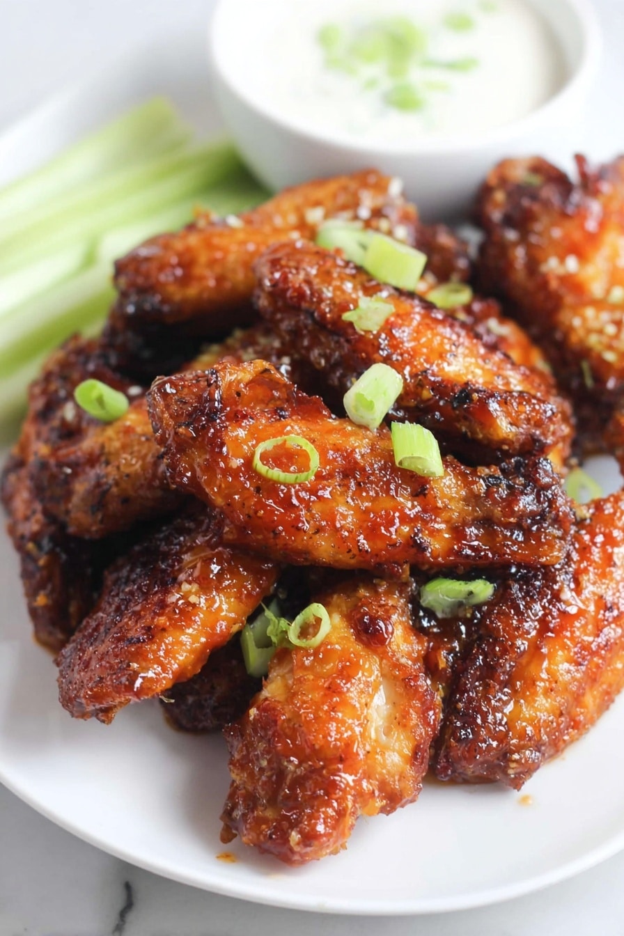 A white plate on a white marbled surface holds a pile of shiny, well-cooked chicken wings glazed with a sticky orange sauce, giving them a crisp and slightly charred texture. The wings are scattered with small bright green slices of green onion. Behind the wings on the plate, there is a small white bowl filled with a creamy, white dipping sauce. To the side of the bowl, light green celery sticks slightly peek into the frame. The scene is brightly lit, showing the rich colors and texture of the food clearly. photo taken with an iphone --ar 2:3 --v 7 - Honey Garlic Chicken Wings, Honey Garlic Chicken Wings recipe, crispy wings with honey garlic glaze, easy honey garlic chicken wings, flavorful chicken wings