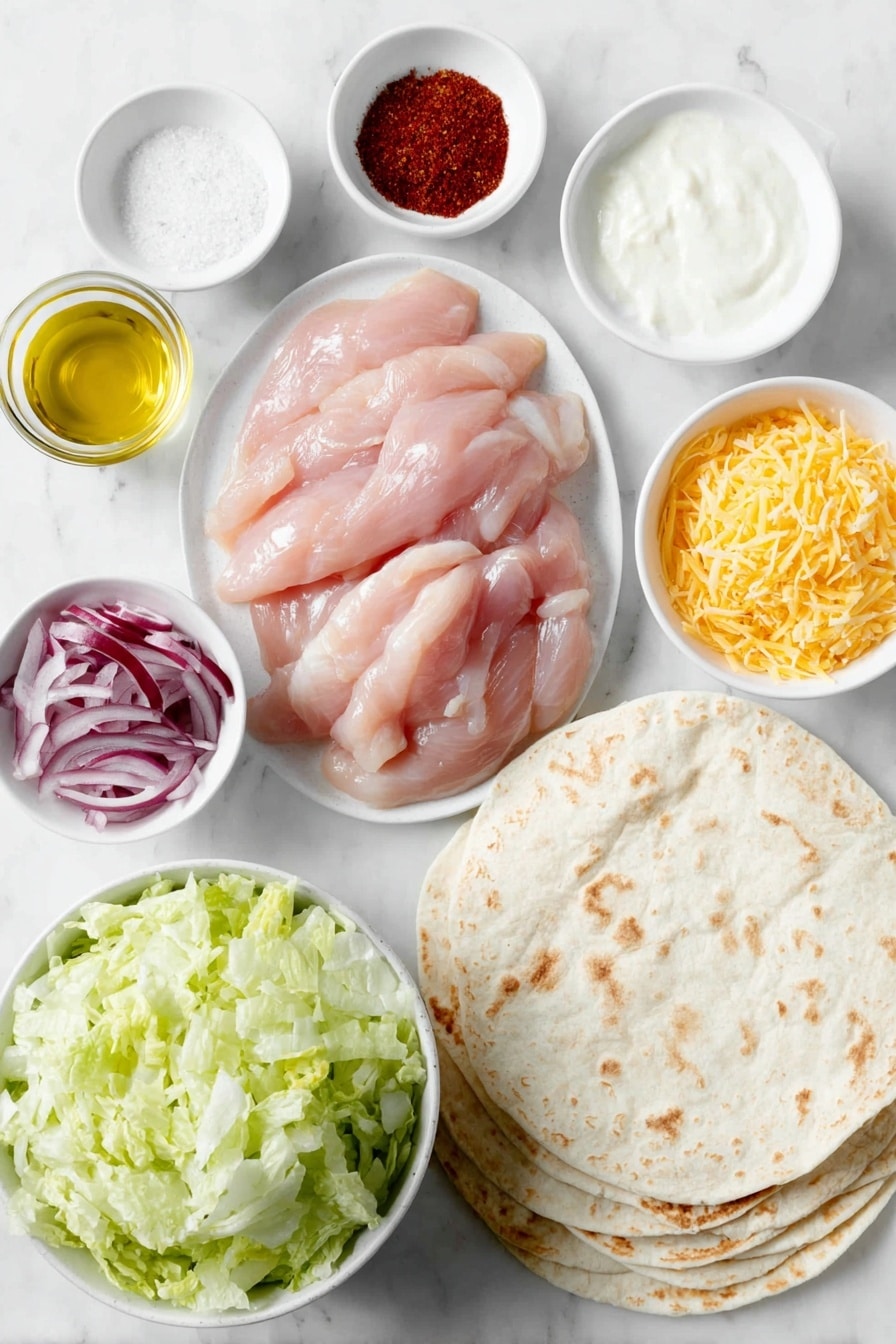 Flat lay of a raw boneless skinless chicken breast sliced into long strips, a small white bowl of golden olive oil, a small white bowl filled with bright orange Franks Buffalo Wings sauce, a small white bowl with reddish smoked paprika powder, a small white bowl with pale beige garlic powder, a small white bowl with fine white salt, four large plain flour tortillas stacked neatly on a simple white ceramic plate, a small white bowl of creamy white ranch dressing, a symmetrical pile of fresh chopped romaine lettuce leaves, a small white bowl of finely shredded bright orange carrot, a small white bowl with thin half moon slices of vivid purple red onion, a small white bowl filled with shredded sharp cheddar cheese in deep yellow-orange hues, placed on a clean white marble surface, soft natural light, photo taken with an iPhone, professional food photography style, fresh ingredients, white ceramic bowls, no bottles, no duplicates, no utensils, no packaging --ar 2:3 --v 7 --p m7354615311229779997 - Buffalo Chicken Wraps, Buffalo Chicken Wraps recipe, spicy chicken wraps, easy lunch wraps, game day chicken wraps