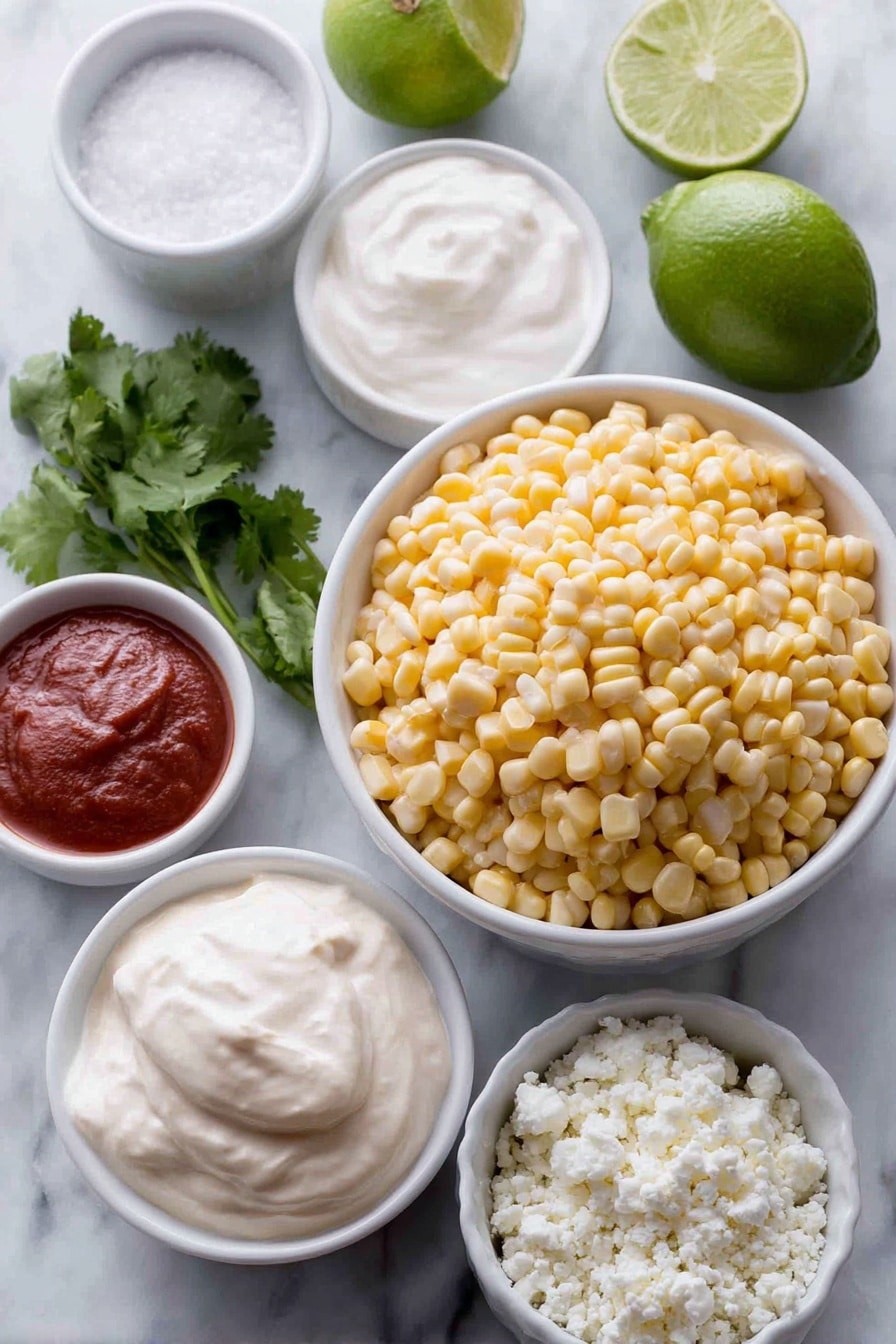 Flat lay of a small pile of bright yellow whole-kernel corn, a small white ceramic bowl of clear water, a small white ceramic bowl with white granulated sugar, a small white ceramic bowl with creamy white mayonnaise, a small white ceramic bowl with thick sour cream, a small white ceramic bowl holding smooth red sriracha sauce, a small white ceramic bowl of fine kosher salt, a small white ceramic bowl of light green lime salt, a small white ceramic bowl with crumbled white cotija cheese, a small bunch of fresh cilantro sprigs, a small white ceramic bowl of deep red chili powder, and a fresh green lime cut into wedges placed on a clean white marble surface, soft natural light, photo taken with an iPhone, professional food photography style, fresh ingredients, white ceramic bowls, no bottles, no duplicates, no utensils, no packaging --ar 2:3 --v 7 --p m7354615311229779997 - Mexican Street Corn Cups, Mexican Street Corn, Elote Cups, Mexican Corn Snacks, Easy Mexican Corn Recipes