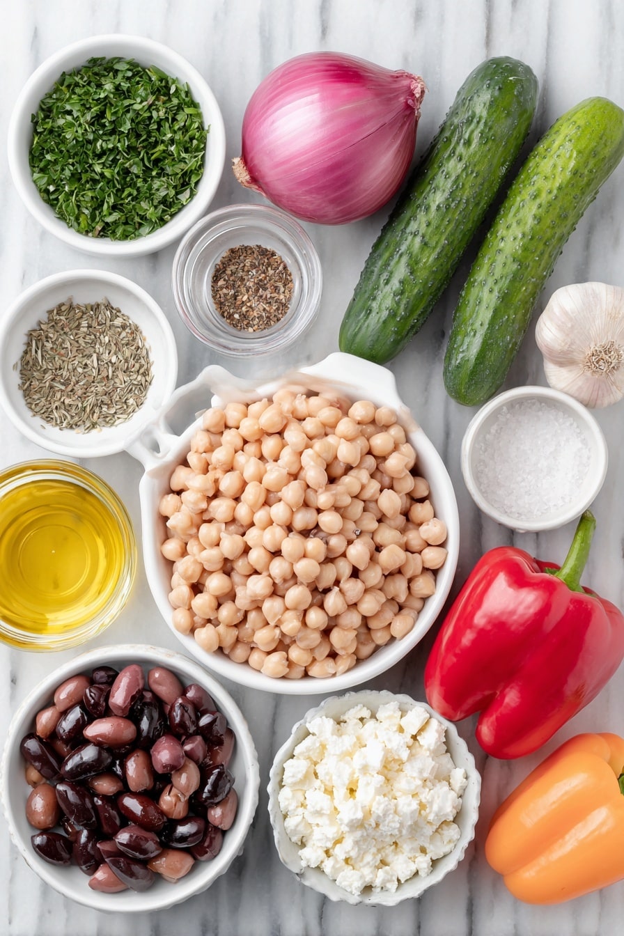 Flat lay of a small white ceramic bowl filled with cooked chickpeas, a small white ceramic bowl with white cannellini beans, a whole red bell pepper, a whole orange bell pepper, two whole Persian cucumbers, half a small red onion cut to show its layers, a small white ceramic bowl of fresh chopped parsley, a small white ceramic bowl with kalamata olives, a small white ceramic bowl with crumbled feta cheese, a small white ceramic bowl containing red wine vinegar, a small white ceramic bowl with golden honey, a small pile of dried oregano leaves, three whole uncracked garlic cloves with papery skins intact, a small white ceramic bowl with fine salt, a small white ceramic bowl with freshly ground black pepper, and a small white ceramic bowl filled with extra virgin olive oil, all arranged symmetrically and balanced, placed on a clean white marble surface, soft natural light, photo taken with an iPhone, professional food photography style, fresh ingredients, white ceramic bowls, no bottles, no duplicates, no utensils, no packaging --ar 2:3 --v 7 --p m7354615311229779997 - Hearty Bean Salad with Feta and Olives, healthy bean salad, Mediterranean bean salad, quick vegetarian salad, nutritious side dish