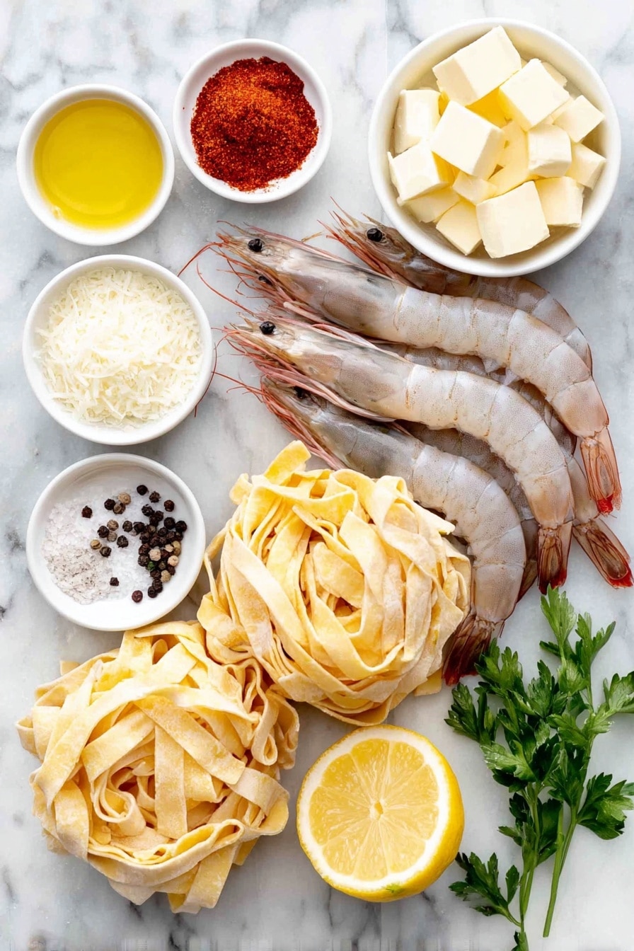 Flat lay of uncooked fettuccine pasta nests, a handful of large raw shrimp with shells removed, a small white bowl of bright red smoked paprika powder, a small white bowl of finely minced fresh garlic, a small white bowl of golden cooking oil, a small white bowl of pale yellow unsalted butter cubes, a small white bowl of all-purpose flour, a small white bowl of light golden chicken broth, a small white bowl of thick heavy cream, half a fresh lemon with visible zest, a small white bowl of finely grated Parmesan cheese, a few sprigs of fresh green parsley with some chopped leaves scattered beside it, scattered whole black peppercorns and coarse sea salt crystals, all arranged symmetrically and naturally placed on a clean white marble surface, soft natural light, photo taken with an iPhone, professional food photography style, fresh ingredients, white ceramic bowls, no bottles, no duplicates, no utensils, no packaging --ar 2:3 --v 7 --p m7354615311229779997 - Cajun Shrimp Pasta, Cajun Shrimp Pasta recipe, easy Cajun pasta, creamy shrimp pasta, spicy seafood pasta