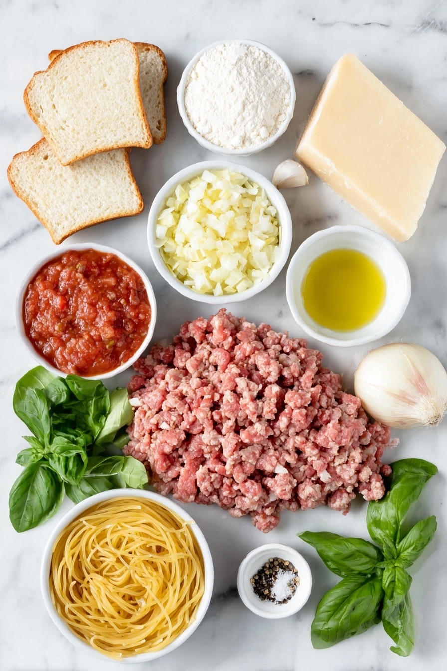 Flat lay of three slices of crustless white bread torn into pieces, a small pile of lean ground beef, a small pile of sweet Italian sausage meat with casings removed, a wedge of parmesan cheese with some finely grated cheese beside it, four whole garlic cloves and a few minced garlic cloves in a small white ceramic bowl, a whole large brown egg, a small white ceramic bowl filled with all-purpose flour, a small white ceramic bowl with light olive oil, a neatly chopped medium yellow onion, two bay leaves, a small white ceramic bowl of crushed tomatoes, a few fresh basil leaves finely minced beside more whole basil leaves, a nest of uncooked spaghetti pasta, a small white ceramic bowl of sea salt, and a small white ceramic bowl of black pepper, all arranged with perfect symmetry, placed on a clean white marble surface, soft natural light, photo taken with an iPhone, professional food photography style, fresh ingredients, white ceramic bowls, no bottles, no duplicates, no utensils, no packaging --ar 2:3 --v 7 --p m7354615311229779997 - Homemade Spaghetti and Meatballs, Italian comfort food, homemade marinara, easy pasta recipes, classic meatball recipe