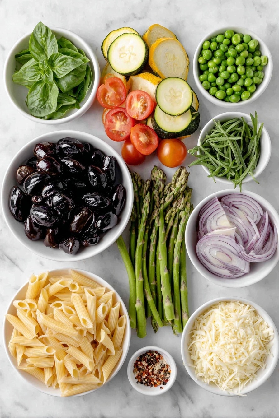 Flat lay of a small mound of uncooked penne pasta, a few glossy garlic cloves sliced thin, thin half-moons of bright yellow squash, thin half-moons of fresh green zucchini, chopped vibrant green asparagus stalks, halved shiny red cherry tomatoes, thinly sliced rings of deep purple-red onion, a small white bowl of bright green fresh basil leaves, a smaller white bowl with fresh tarragon sprigs, a small white bowl filled with thawed green peas, a small white bowl of pale golden extra-virgin olive oil, a small white bowl of fresh lemon juice, a small white bowl of grated creamy white pecorino cheese, a small white bowl with coarse sea salt crystals, a small white bowl with red pepper flakes, freshly ground black pepper scattered delicately nearby—all arranged symmetrically with perfect balance, placed on a clean white marble surface, soft natural light, photo taken with an iPhone, professional food photography style, fresh ingredients, white ceramic bowls, no bottles, no duplicates, no utensils, no packaging --ar 2:3 --v 7 --p m7354615311229779997 - Fresh Pasta Primavera with Veggies, healthy pasta primavera recipe, easy vegetable pasta dish, spring vegetable pasta, vibrant pasta with fresh veggies