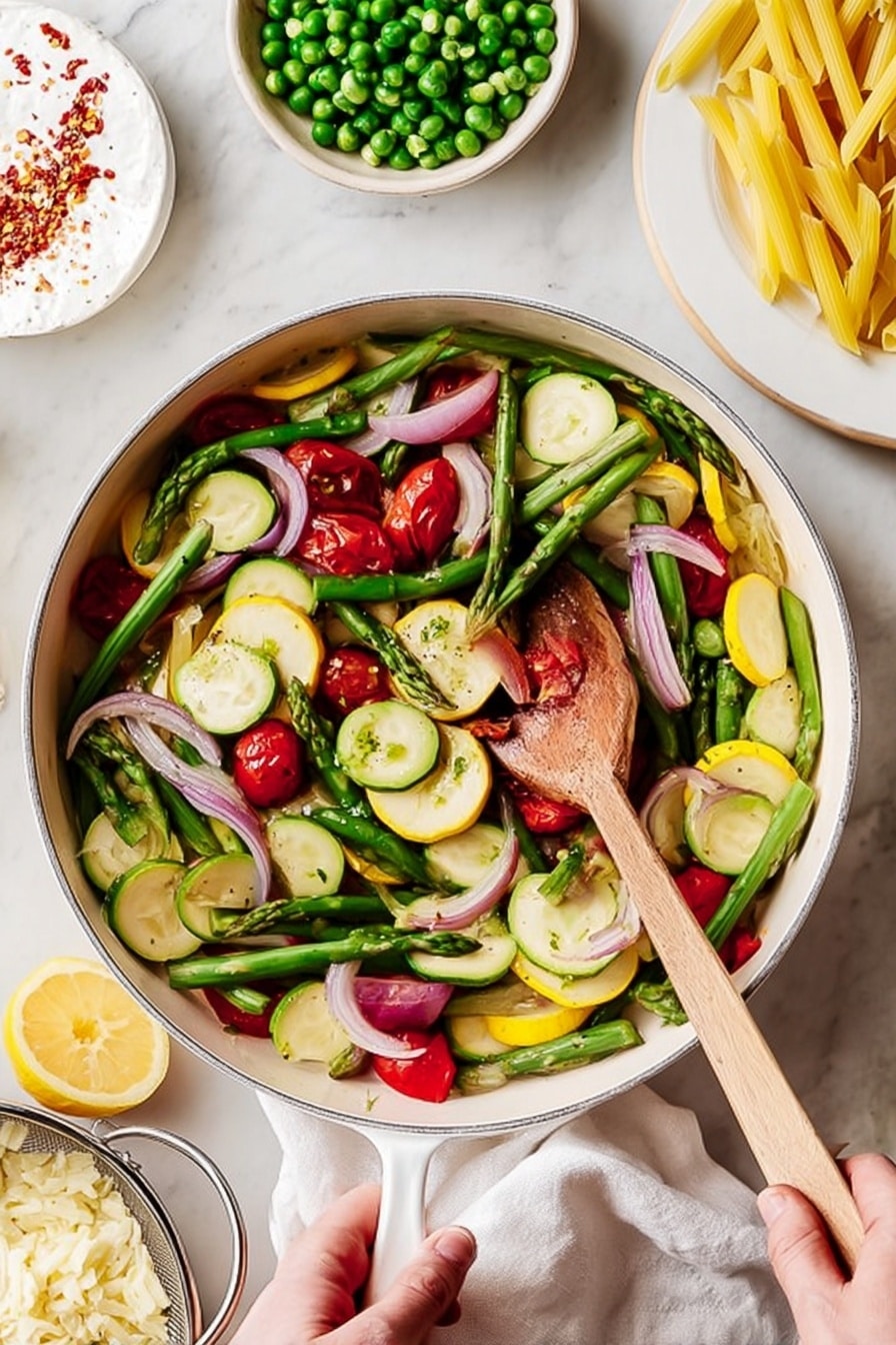 A white pan filled with three layers of vegetables: bright green asparagus spears and green beans, light green zucchini slices and yellow squash slices scattered around, and halved red cherry tomatoes mixed with thin, light purple onion slices on top; a woman's hand holds a wooden spatula stirring the vegetables, while another woman's hand holds the pan handle. Around the pan are a bowl of green peas, a white plate with soft white cheese and red pepper flakes, a metal colander with yellow penne pasta, and a whole lemon, all set on a white marbled surface with a white cloth napkin nearby. Photo taken with an iphone --ar 2:3 --v 7 - Fresh Pasta Primavera with Veggies, healthy pasta primavera recipe, easy vegetable pasta dish, spring vegetable pasta, vibrant pasta with fresh veggies