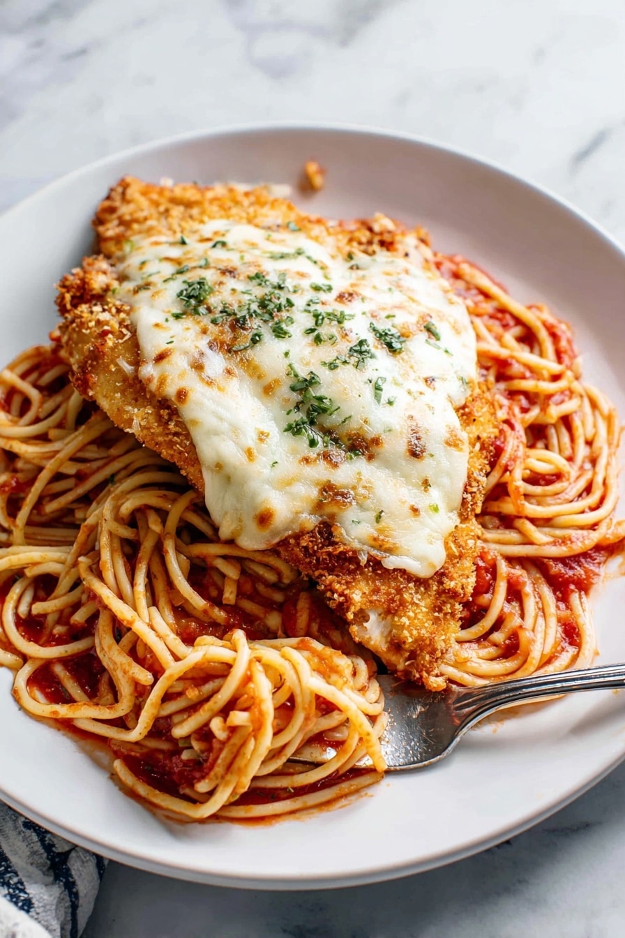 A white plate holds a serving of spaghetti coated in red tomato sauce as the first layer, with strands twisted and piled unevenly. On top, there is a piece of breaded, crispy golden-brown chicken. The chicken is covered with a layer of melted white cheese that is sprinkled with small bits of green herbs. The white marbled surface underneath adds a clean look to the scene, and a silver fork with some spaghetti is partially visible near the edge of the plate. photo taken with an iphone --ar 2:3 --v 7 - Easy Chicken Parmesan, Chicken Parmesan, Chicken Parmesan recipe, Italian chicken dish, crispy cheesy chicken