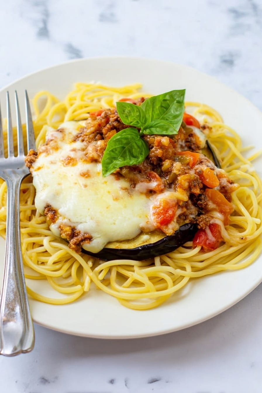 A white plate holds a bed of yellow spaghetti noodles arranged loosely on the bottom layer. On top of the noodles, there is a thick, round slice of lightly browned eggplant covered with melted white cheese that has some golden spots. Over the eggplant, there is a layer of minced meat sauce with chunks of red tomatoes and small bits of orange and brown vegetables, spread unevenly. A fresh green basil leaf sits on top as a garnish. A silver fork is resting on the left side of the plate, and the surface beneath is a white marbled texture. Photo taken with an iphone --ar 2:3 --v 7 - Eggplant Parmesan Spaghetti with Meat Sauce, Italian eggplant spaghetti, baked eggplant pasta, hearty meat sauce recipes, crispy eggplant pasta dish