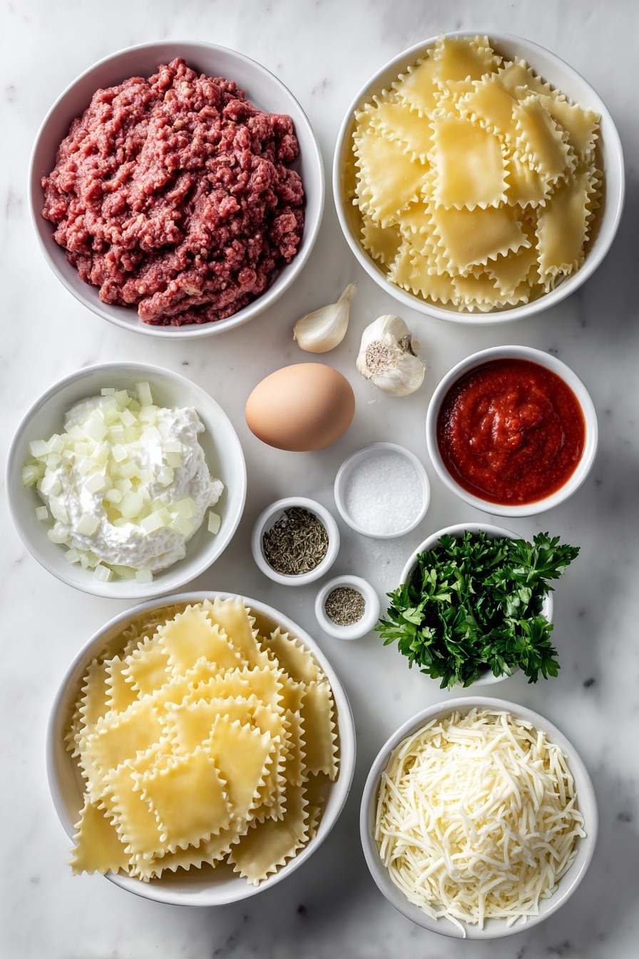 Flat lay of uncooked lasagna noodles neatly stacked, a mound of raw ground beef with a bright red hue, a small white bowl filled with rich red marinara sauce, a few diced pale yellow onion pieces arranged in a simple white bowl, three whole garlic cloves with papery skins intact, a small white bowl containing coarse sea salt crystals, another small white bowl with cracked black peppercorns, a small white bowl of dried oregano leaves, a generous dollop of creamy white ricotta cheese in a white ceramic bowl, one large uncracked brown egg, a small white bowl heaped with finely shredded pale yellow Parmesan cheese, another small white bowl holding shredded mozzarella cheese strings, and a small pile of freshly chopped vibrant green parsley leaves placed in a white bowl, all ingredients arranged with perfect symmetry and balanced proportions, placed on a clean white marble surface, soft natural light, photo taken with an iPhone, professional food photography style, fresh ingredients, white ceramic bowls, no bottles, no duplicates, no utensils, no packaging --ar 2:3 --v 7 --p m7354615311229779997 - Cheesy Beef Lasagna Roll-Ups, beef lasagna roll-ups, cheesy lasagna roll-ups, easy lasagna roll-ups, baked beef lasagna roll-ups