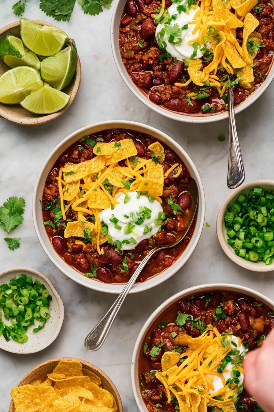 The image shows three white bowls filled with rich, dark red chili with visible beans and minced meat. Each bowl is topped with a dollop of white sour cream in the center, surrounded by bright yellow strips of cheddar cheese and curled, crunchy, light golden corn chips. Small pieces of chopped green onion and fresh green cilantro leaves are scattered on top, adding a fresh touch. Around the bowls, there are lime wedges and extra chopped green onions in small white bowls on a white marbled surface, with a woman's hand holding a spoon in the bottom right bowl. Photo taken with an iphone --ar 2:3 --v 7 - Easy Beef Chili, hearty beef chili, quick chili recipe, easy dinner ideas, beef chili dinner