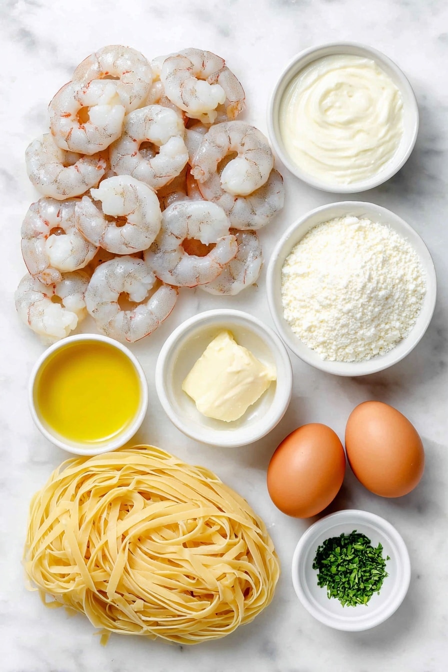 Flat lay of peeled and deveined shrimp with a pink and white hue, a small mound of uncooked fettuccine pasta strands, a small white ceramic bowl filled with golden oil, a small white ceramic bowl holding two tablespoons of creamy unsalted butter, a whole small white onion, a single peeled garlic clove, a small white ceramic bowl containing pale yellow white wine, a small white ceramic bowl filled with smooth heavy whipping cream, a small white ceramic bowl with finely grated parmesan cheese, a small pile of fresh bright green parsley leaves, a small white ceramic bowl holding a sprinkle of paprika powder, and two whole uncracked brown eggs arranged symmetrically in a balanced layout, placed on a clean white marble surface, soft natural light, photo taken with an iPhone, professional food photography style, fresh ingredients, white ceramic bowls, no bottles, no duplicates, no utensils, no packaging --ar 2:3 --v 7 --p m7354615311229779997 - Shrimp Alfredo Pasta, shrimp alfredo, creamy pasta with shrimp, easy shrimp pasta, quick dinner recipes