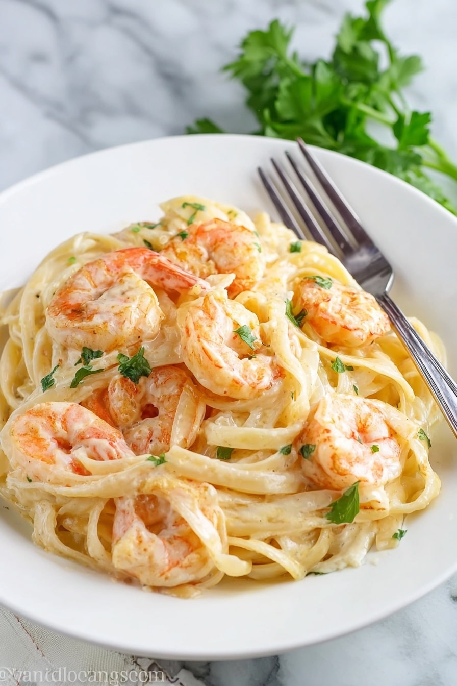 The image shows a white plate filled with creamy pasta that has a smooth, light beige sauce. On top of and mixed in the pasta are several pinkish-orange shrimp, slightly curved and cooked, with a light shine from the sauce. Small vibrant green parsley leaves dot the dish, adding color contrast. A silver fork rests on the right side of the plate, placed on a white marbled surface in the background. The overall look is fresh and appetizing, with a soft and creamy texture visible on the pasta strands. photo taken with an iphone --ar 2:3 --v 7 - Shrimp Alfredo Pasta, shrimp alfredo, creamy pasta with shrimp, easy shrimp pasta, quick dinner recipes