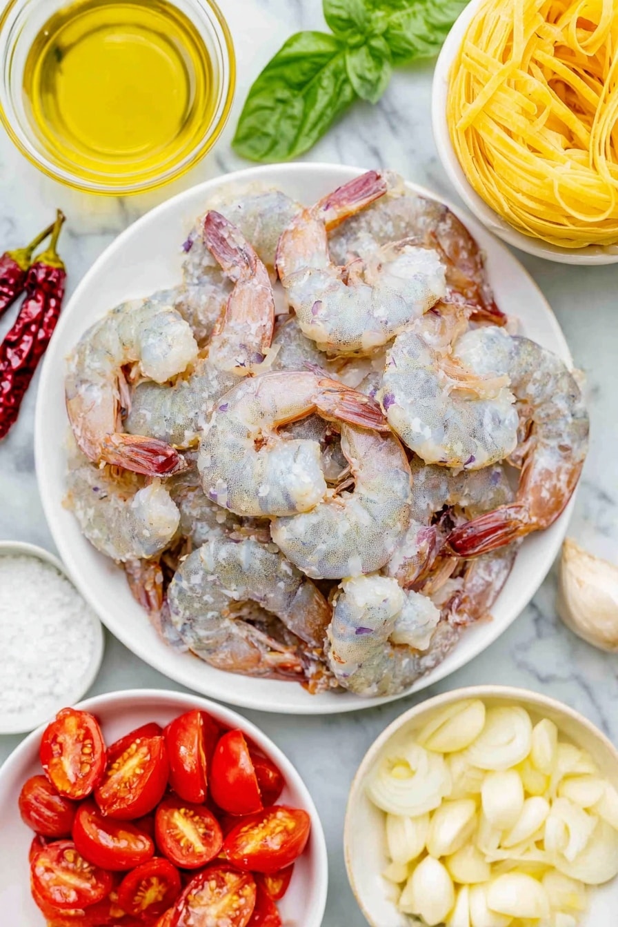 Flat lay of large raw shrimp with shells removed and deveined, a small heap of baking soda powder on white ceramic plate, coarse kosher salt crystals in a small white bowl, uncooked linguine pasta nest, a small white bowl with extra virgin olive oil, two fresh shallots thinly sliced on white ceramic plate, three sliced garlic cloves arranged neatly on white plate, one whole small red chili pepper, a small white bowl holding dry white wine, halved bright red cherry tomatoes spread on white plate, a small bunch of fresh hand-torn basil leaves on white ceramic dish, placed on a clean white marble surface, soft natural light, photo taken with an iPhone, professional food photography style, fresh ingredients, white ceramic bowls, no bottles, no duplicates, no utensils, no packaging --ar 2:3 --v 7 --p m7354615311229779997 - Shrimp Tomato Basil Pasta, easy seafood pasta recipe, quick shrimp pasta, healthy shrimp pasta dish, flavorful pasta with cherry tomatoes