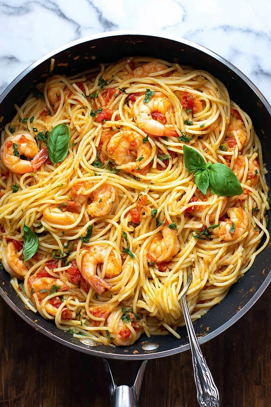 The image shows a white plate holding a serving of spaghetti with several pieces of cooked shrimp on top. The pasta is light yellow and tangled in the center with bright red cherry tomatoes scattered throughout. There are green basil leaves placed on the spaghetti, adding a fresh touch. A silver fork rests on the right side of the plate, slightly touching the food. The plate is set against a white marbled texture surface. photo taken with an iphone --ar 2:3 --v 7 - Shrimp Tomato Basil Pasta, easy seafood pasta recipe, quick shrimp pasta, healthy shrimp pasta dish, flavorful pasta with cherry tomatoes