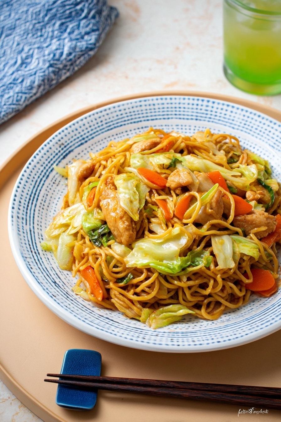 A round white plate with a thin blue patterned edge holds a serving of stir-fried noodles mixed with several pieces of cooked chicken, bright orange carrot sticks, green cabbage pieces, and some green vegetables. The noodles are light brown and slightly shiny, tangled together with the other ingredients. On the right side of the plate, there is a pair of black and brown chopsticks resting on the edge. The plate is placed on a white marbled surface with a small white bowl of green liquid nearby and a corner of a blue and white striped cloth visible. photo taken with an iphone --ar 2:3 --v 7 - Chicken Yakisoba Stir-Fry, easy Japanese stir-fry recipe, quick chicken noodle dish, homemade yakisoba with chicken, flavorful stir-fry dinner