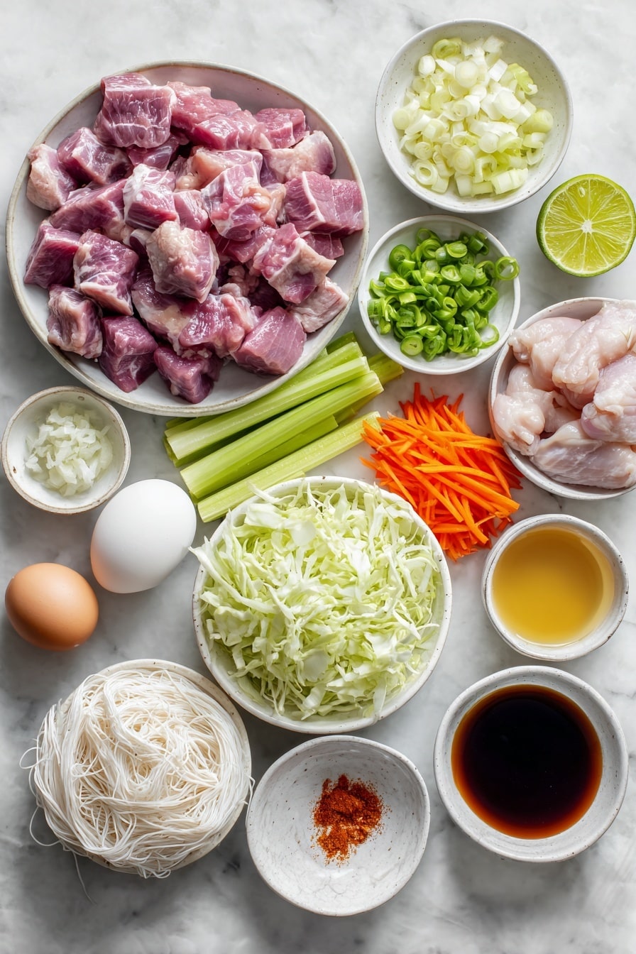 Flat lay of fresh cubed raw pork shoulder in pinkish tones, fresh cubed raw boneless chicken thighs with pale pink skin on some pieces, a medium-sized peeled yellow onion julienned into thin strips, several peeled garlic cloves finely minced, a small mound of bright orange julienned carrots, two ribs of celery thinly sliced on bias with crisp green color, a small pile of thinly sliced sugar snap peas in vibrant green, green cabbage roughly chopped into 1-inch pieces revealing crisp white and pale green layers, a small white ceramic bowl with glossy dark oyster sauce, a small white ceramic bowl of shiny soy sauce, a small white ceramic bowl with golden neutral-flavored oil, a small white ceramic bowl containing clear chicken stock, a neatly coiled bundle of dry vermicelli noodles in fine thin strands, one whole uncracked brown egg, a small white ceramic bowl with granulated white sugar, a halved fresh lime showing vibrant green flesh, a small white ceramic bowl with ground orange-red achiote powder, all arranged in perfect symmetry and balanced proportions, placed on a clean white marble surface, soft natural light, photo taken with an iPhone, professional food photography style, fresh ingredients, white ceramic bowls, no bottles, no duplicates, no utensils, no packaging --ar 2:3 --v 7 --p m7354615311229779997 - Easy Chicken and Pork Pancit Noodles, Filipino Pancit Noodles, Quick Chicken and Pork Stir-fry, Delicious Filipino Noodle Dish, Simple Filipino Recipes