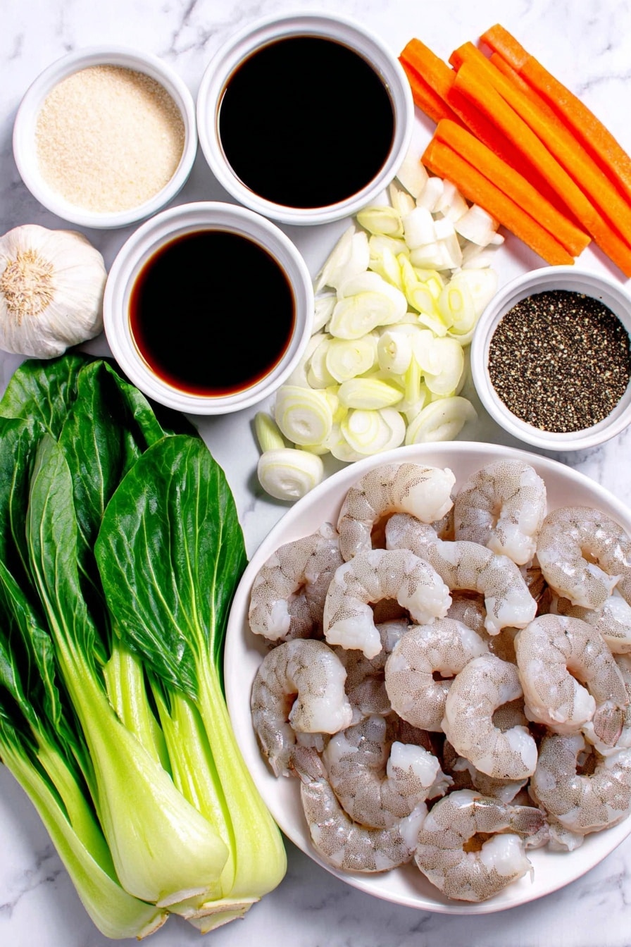 Flat lay of peeled and deveined raw shrimp, thinly sliced white onion, a small white bowl of soy sauce, a small white bowl of oyster sauce, a small white bowl of granulated sugar, a small white bowl of avocado oil, a whole uncracked garlic clove, four baby bok choy pieces cut into 1-inch segments, two small carrots cut into matchsticks, a small white bowl of vegetable broth, a small white bowl of black pepper, thinly sliced green onions, and a portion of cooked lo mein noodles arranged neatly in a simple white ceramic plate, placed on a clean white marble surface, soft natural light, photo taken with an iPhone, professional food photography style, fresh ingredients, white ceramic bowls, no bottles, no duplicates, no utensils, no packaging --ar 2:3 --v 7 --p m7354615311229779997 - Shrimp Lo Mein Stir Fry, Shrimp Lo Mein, stir fry recipes, easy Asian dinner, quick shrimp noodle dish