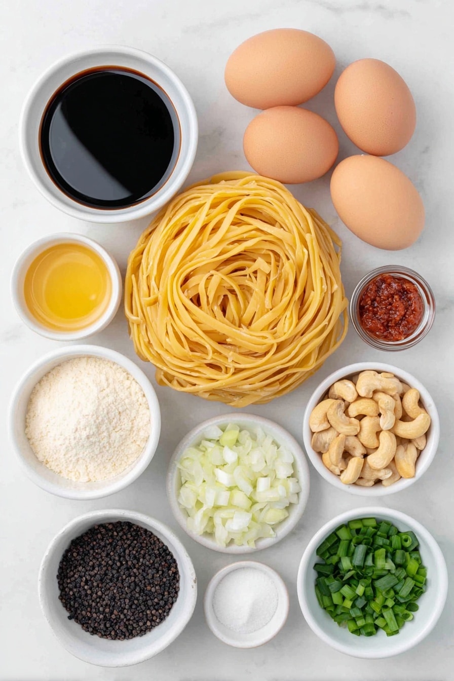Flat lay of a small pile of dry linguine pasta strands, a few fresh king oyster mushrooms with smooth white stems and tan caps, a half small red bell pepper diced into neat cubes, two whole uncracked brown eggs, a halved small white onion diced finely, two scallions sliced into two-inch pieces with white parts separated from bright green tops, three whole dried red chiles, a small handful of roasted cashews, a few whole Szechuan peppercorns, and three small white ceramic bowls each filled with clear water, dark soy sauce, and glossy red chili bean paste, placed on a clean white marble surface, soft natural light, photo taken with an iPhone, professional food photography style, fresh ingredients, white ceramic bowls, no bottles, no duplicates, no utensils, no packaging --ar 2:3 --v 7 --p m7354615311229779997 - Vegan Kung Pao Pasta with Mushrooms, vegan pasta recipes, Kung Pao pasta recipe, plant-based mushroom pasta, spicy vegan pasta dishes