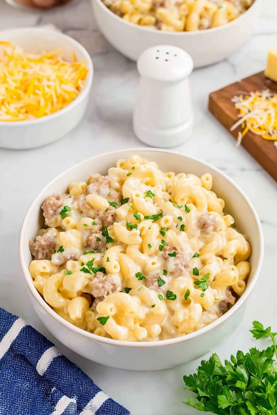 The image shows a white bowl filled with creamy pasta that has three layers: a bottom layer of pale yellow cooked macaroni, a middle layer mixed with small chunks of light brown sausage, and a top layer of white cheese sauce sprinkled with a few green herb pieces. Behind it, two more white bowls hold the same dish, sitting on a white marbled surface. To the left, a wooden cutting board with grated cheese and a block of cheese is visible. A blue and white checkered cloth is partially seen in the lower-left corner. Some green herbs lay on the marble in the bottom right corner. The lighting is bright and natural, creating a fresh feel. Photo taken with an iphone --ar 2:3 --v 7 - Cheesy Sausage Mac and Cheese, easy sausage pasta bake, homemade cheesy sausage pasta, comfort food recipes, creamy sausage mac and cheese
