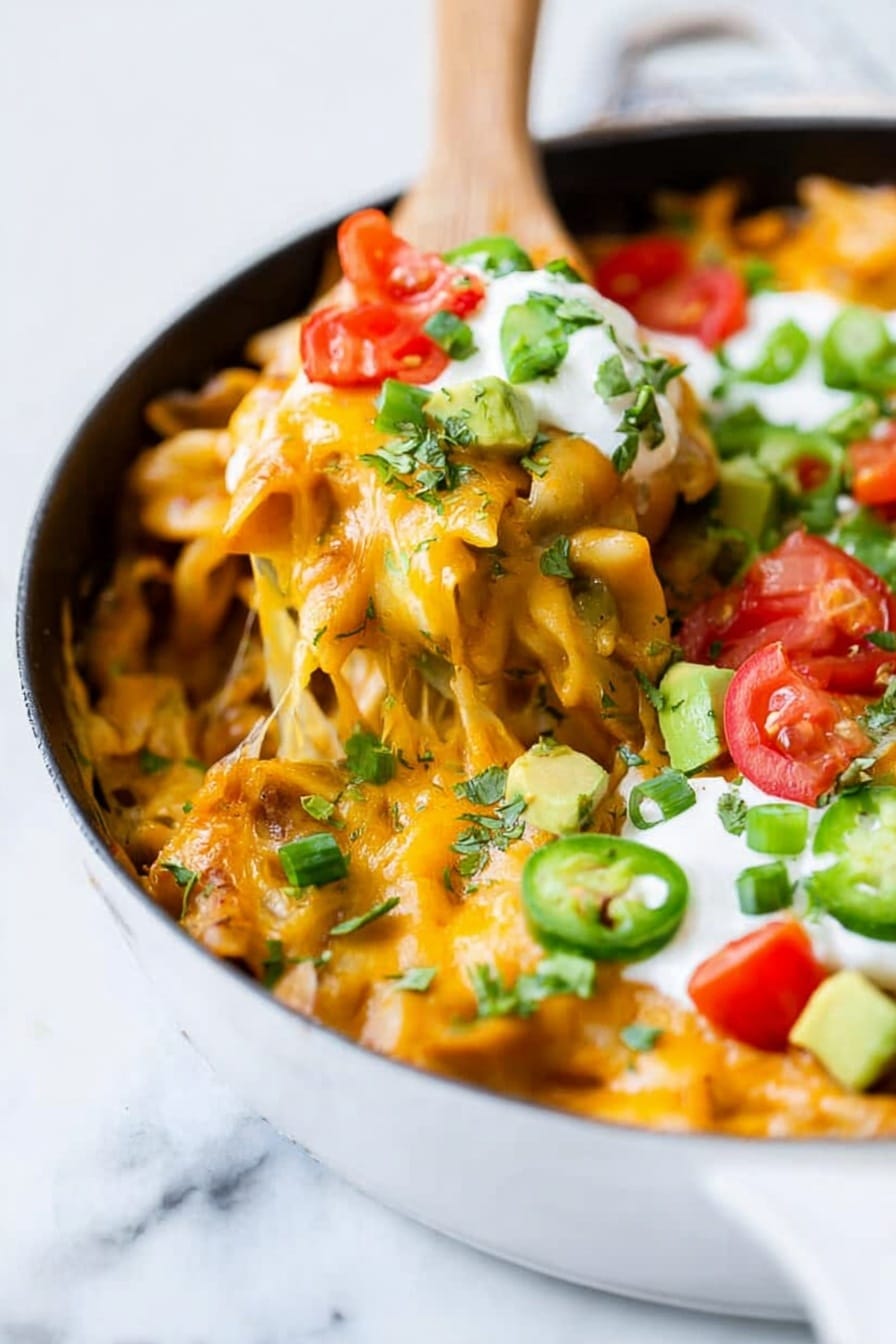 A white pan filled with baked pasta covered in melted orange cheese that stretches as a wooden spatula lifts a serving. On top, there are chopped green herbs and sliced green onions, bright red chopped tomatoes, creamy white sour cream, and small chunks of green avocado layered over the cheesy pasta. The background is a white marbled surface. photo taken with an iphone --ar 2:3 --v 7 - Cheesy Enchilada Pasta Skillet, enchilada pasta, cheesy skillet dinner, quick enchilada pasta, one-pot cheesy pasta