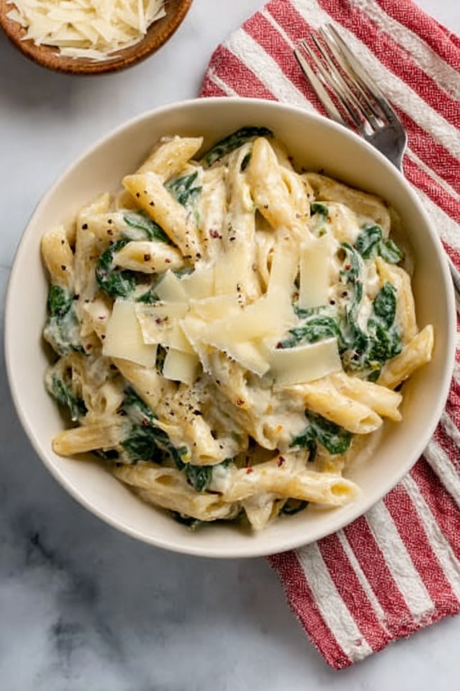 A white bowl filled with creamy pasta, showing three main layers: the bottom layer is light yellow penne pasta, the middle layer is green spinach pieces mixed evenly, and the top layer has thinly shaved pale yellow cheese slices scattered over the pasta. The pasta looks soft and coated in a white creamy sauce. The bowl sits on a white marbled surface next to a red and white striped cloth. photo taken with an iphone --ar 2:3 --v 7 - Creamy Chicken Spinach Pasta, Creamy Chicken Pasta, Easy Chicken Pasta Recipe, Quick Pasta Dinner, Comforting Chicken Pasta
