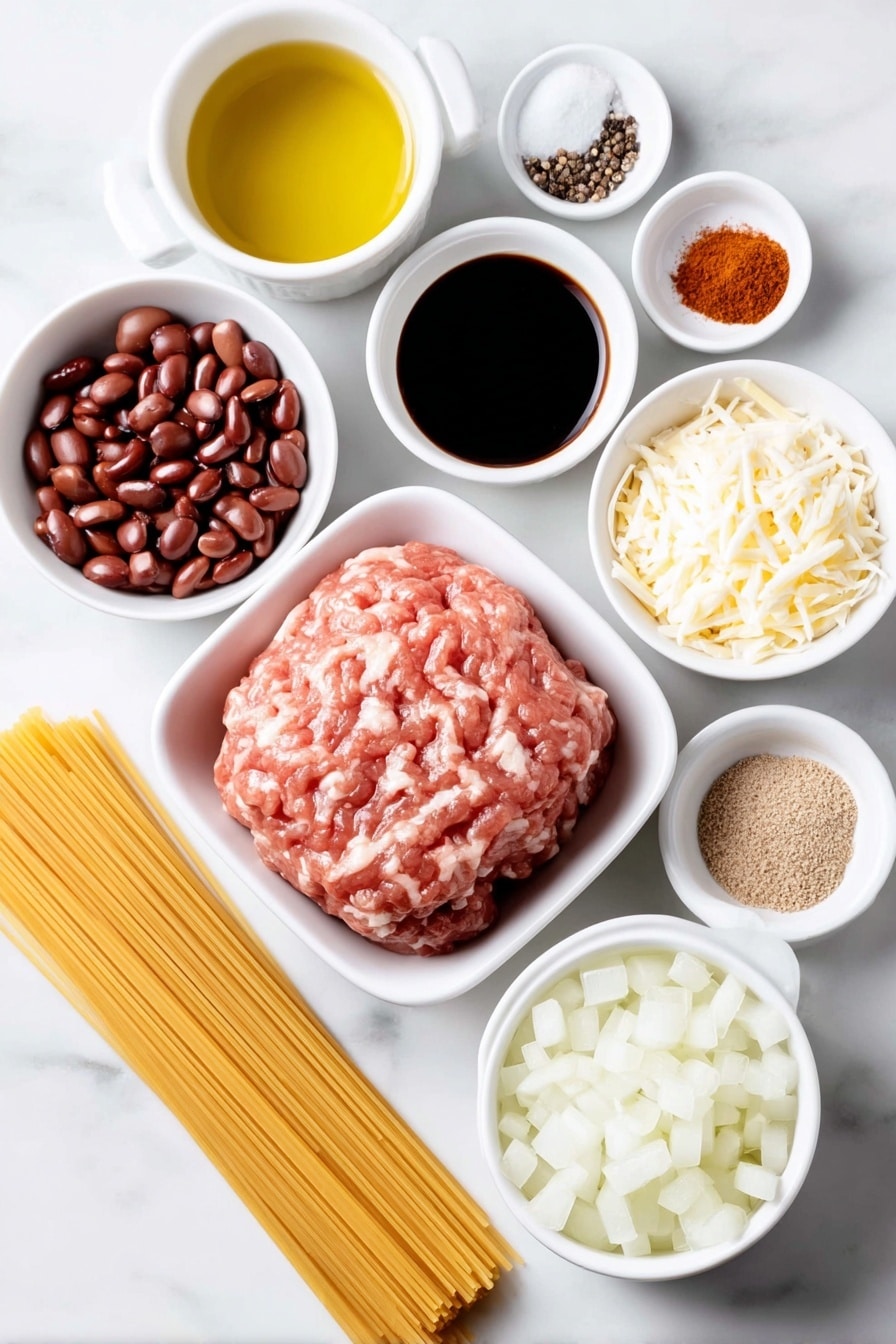 Flat lay of a small mound of fresh raw ground chuck meat shaped naturally, a small white ceramic bowl of golden olive oil, a small white ceramic bowl filled with diced white onions, a small white ceramic bowl with minced garlic cloves, a small white ceramic bowl of rich red tomato paste, a small white ceramic bowl of pale golden apple cider vinegar, a small white ceramic bowl with dark Worcestershire sauce, a small white ceramic bowl each holding tiny piles of ground cloves, ground cayenne pepper, chili powder, ground cinnamon, and ground allspice arranged symmetrically, a small white ceramic bowl of granulated sugar, a small white ceramic bowl of unsweetened cocoa powder, a small piece of unsulphured molasses block, a neat bundle of uncooked dry spaghetti pasta, a small white ceramic bowl filled with freshly shredded bright orange cheddar cheese, a small white ceramic bowl with rinsed black beans, a small white ceramic bowl with rinsed red kidney beans, a whole uncracked brown onion, and a small white ceramic bowl full of oyster crackers, all carefully balanced and evenly spaced, placed on a clean white marble surface, soft natural light, photo taken with an iPhone, professional food photography style, fresh ingredients, white ceramic bowls, no bottles, no duplicates, no utensils, no packaging --ar 2:3 --v 7 --p m7354615311229779997 - Cincinnati Chili Spaghetti, Cincinnati chili, easy chili recipes, hearty spaghetti dish, Ohio comfort food
