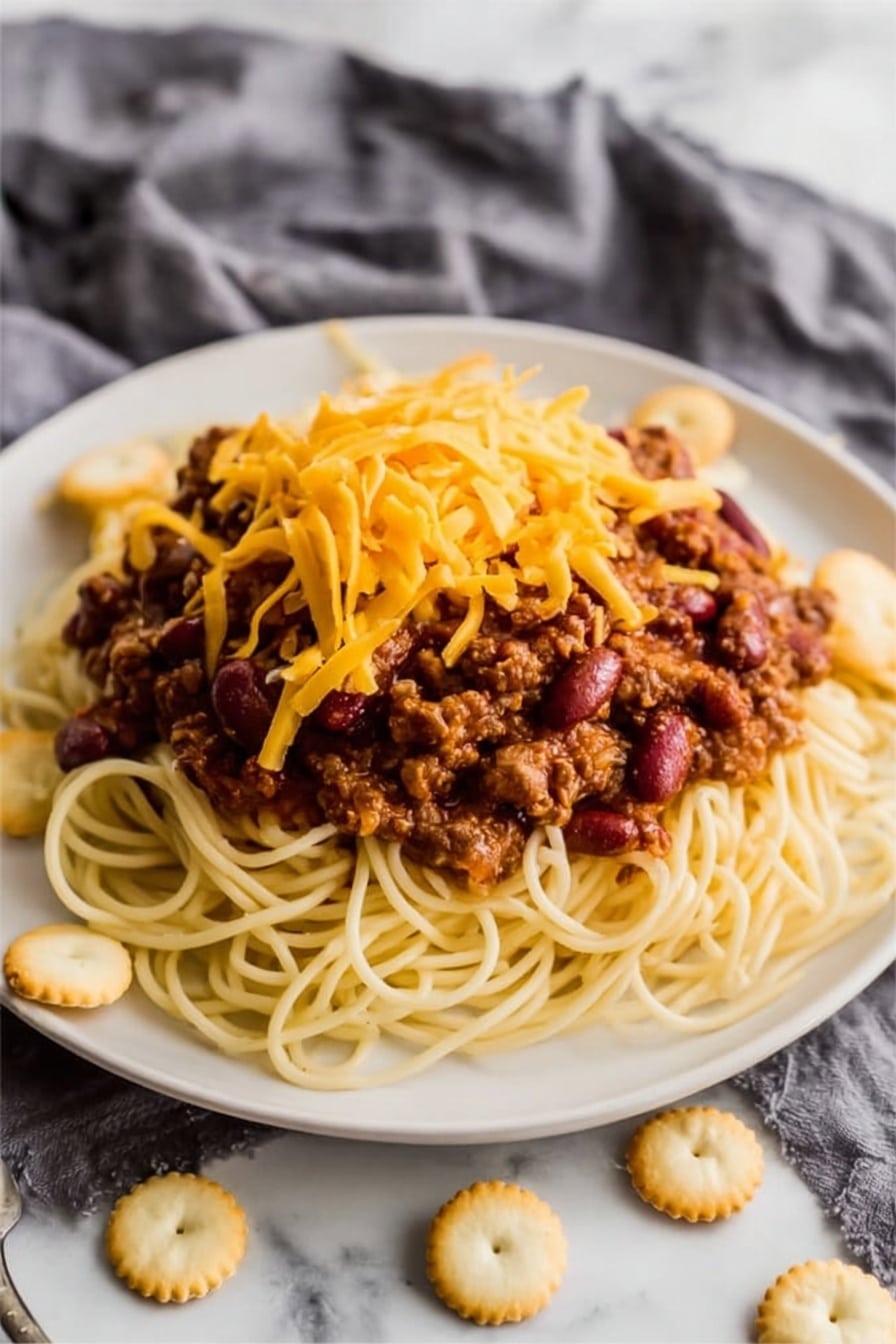 A white plate holds a layer of cooked spaghetti pasta, light yellow and smooth in texture, arranged in a loose pile. On top of the pasta is a thick layer of chili made with ground meat and red kidney beans, rich brown in color with chunks and a slightly glossy texture. Sprinkled over the chili is a generous amount of shredded bright orange cheddar cheese, adding a soft but firm texture. Scattered around the plate's edges are small round oyster crackers, pale cream in color and crunchy. The plate rests on a white marbled surface partially covered by a gray cloth. Photo taken with an iphone --ar 2:3 --v 7 - Cincinnati Chili Spaghetti, Cincinnati chili, easy chili recipes, hearty spaghetti dish, Ohio comfort food